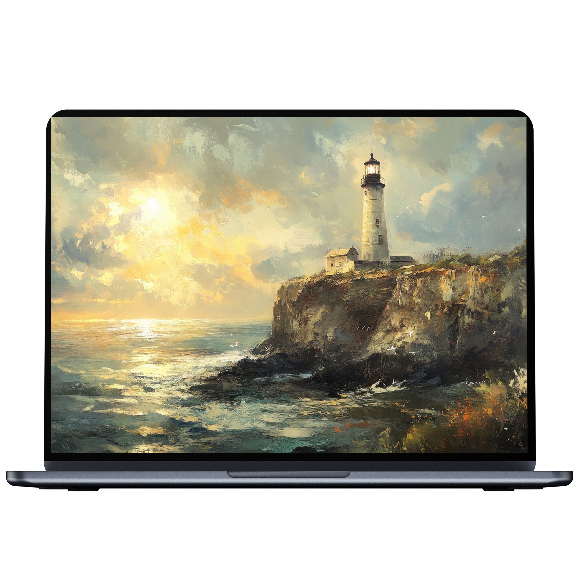 Beach desktop wallpaper featuring a serene lighthouse at sunset, enhancing calm and inspiration on PC, Laptop, Mac digital download