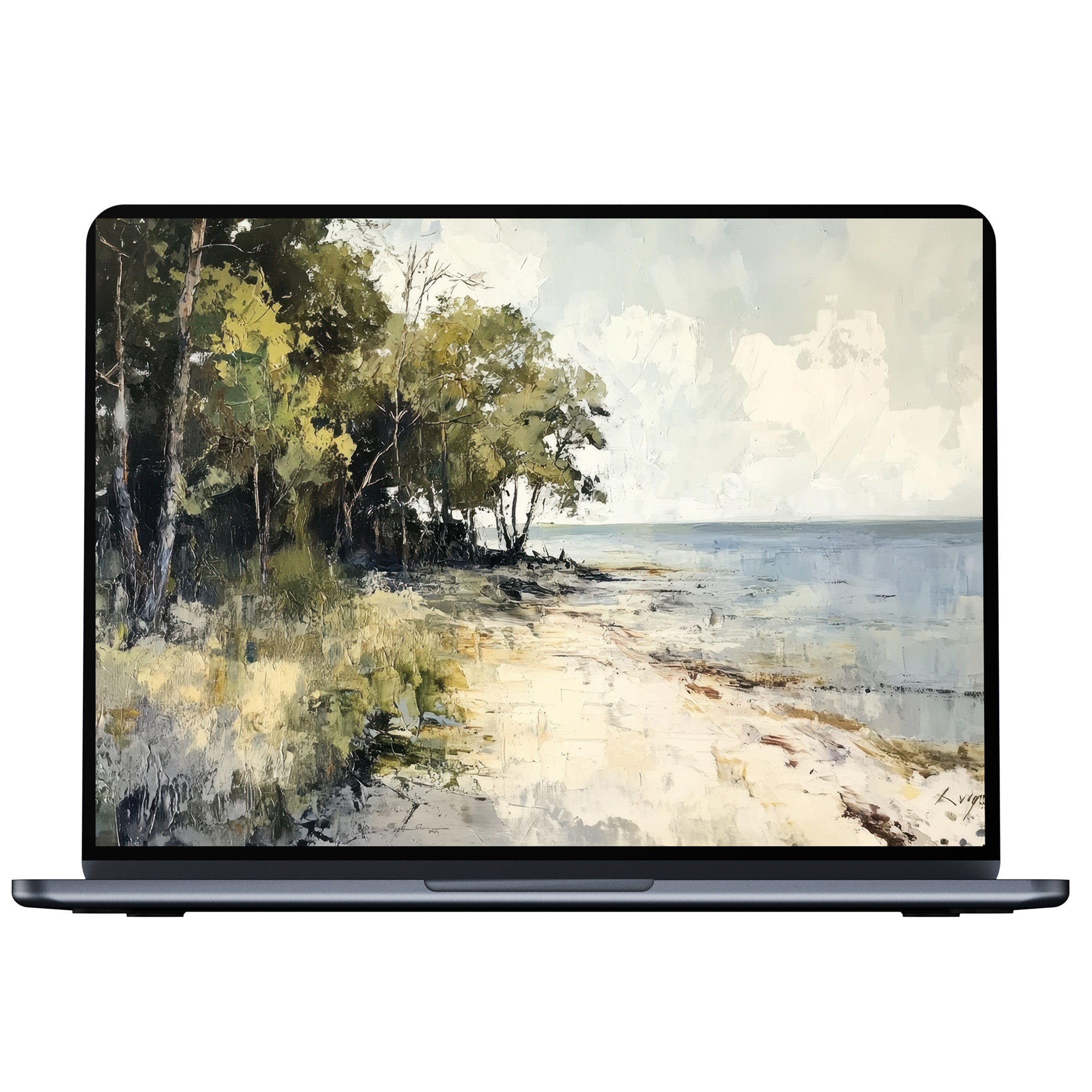 Beach desktop wallpaper in impressionist style showcasing serene shores and lush trees for a calming digital download on PC or Laptop