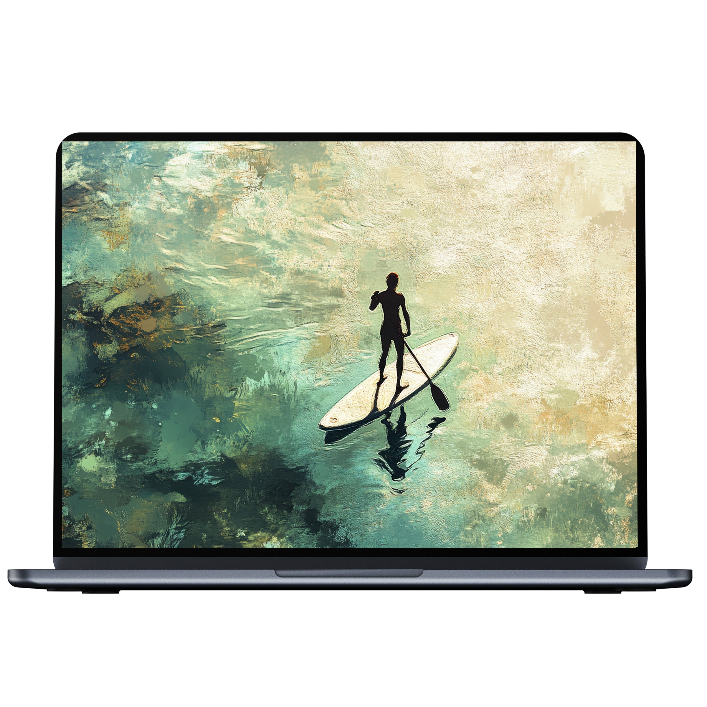 Tranquil beach desktop wallpaper showcasing a lone paddleboarder on serene waters perfect for digital download on PC or laptop