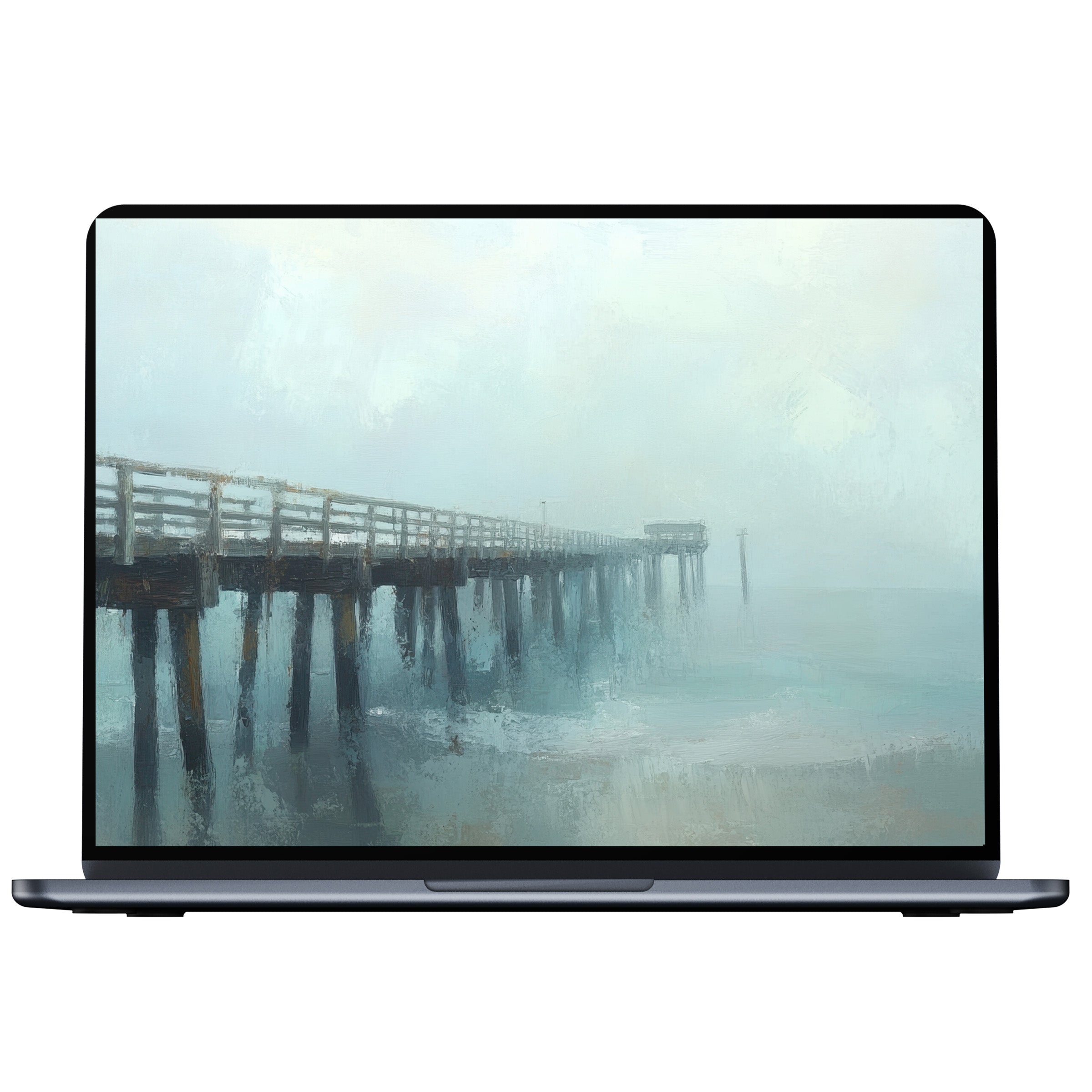Ethereal beach desktop wallpaper with a misty pier evokes calm and inspiration; perfect digital download for PC and laptop users