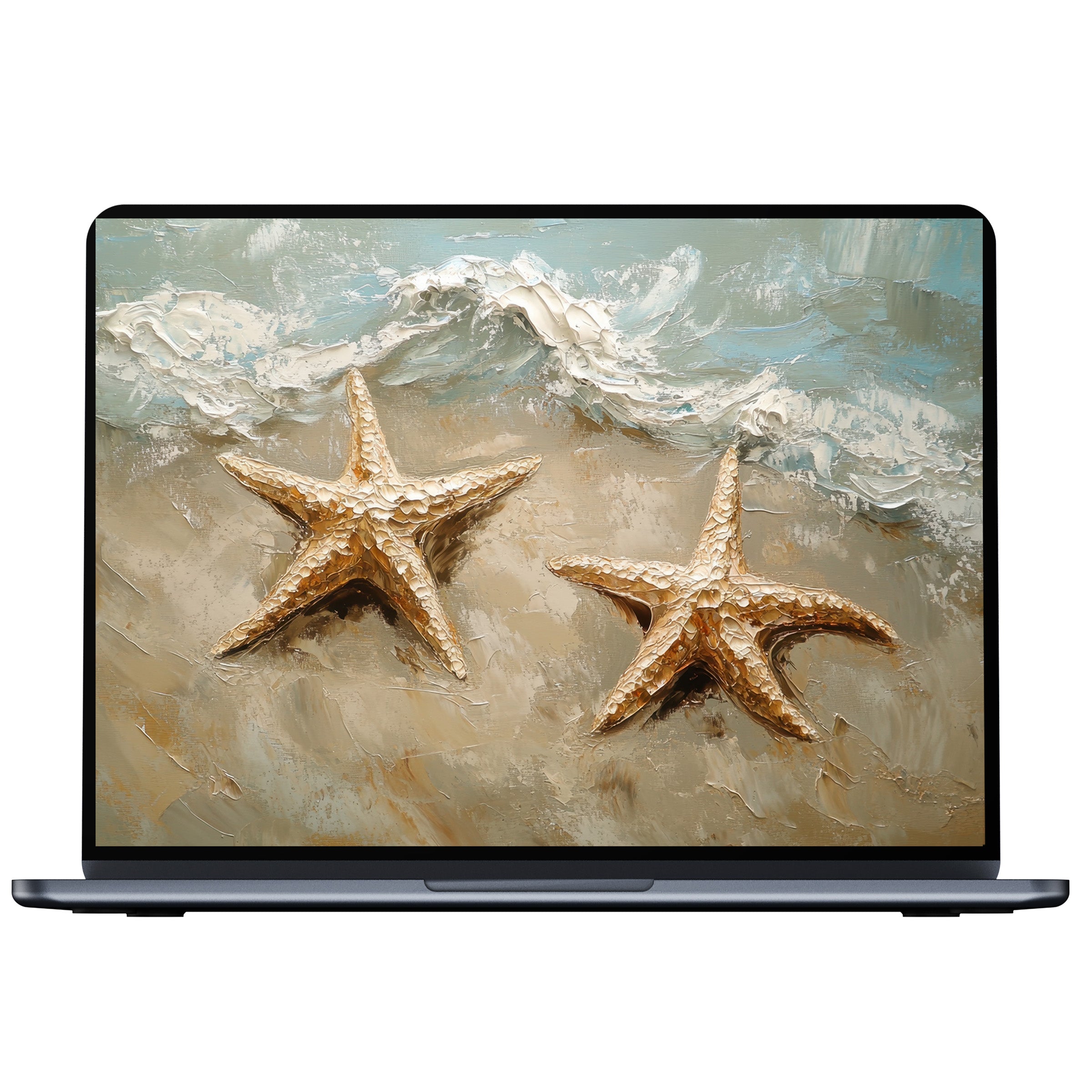 Elegant beach desktop wallpaper with textured starfish art, evoking calm for PC, laptop, Mac users seeking digital download serenity