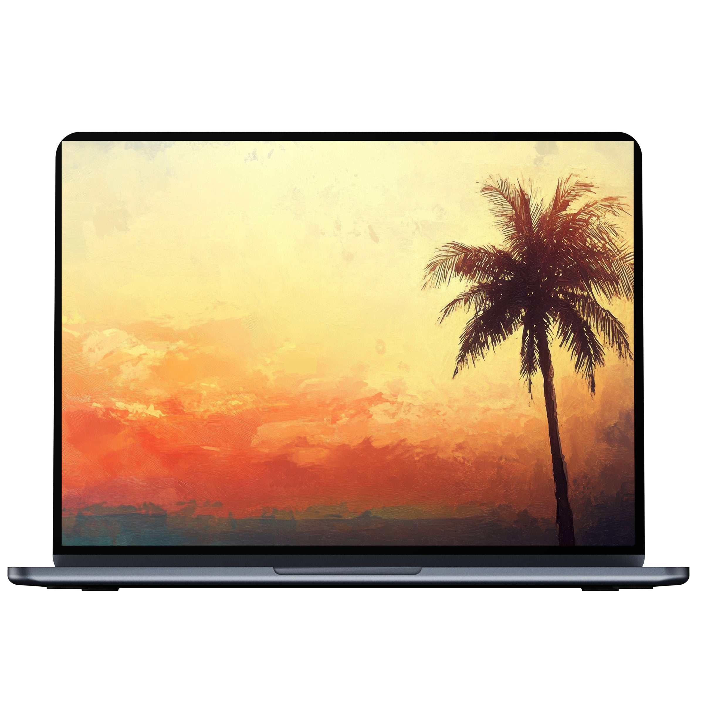 Beach desktop wallpaper with a serene sunset and palm tree in watercolor, perfect digital download for PC, laptop, and Mac use