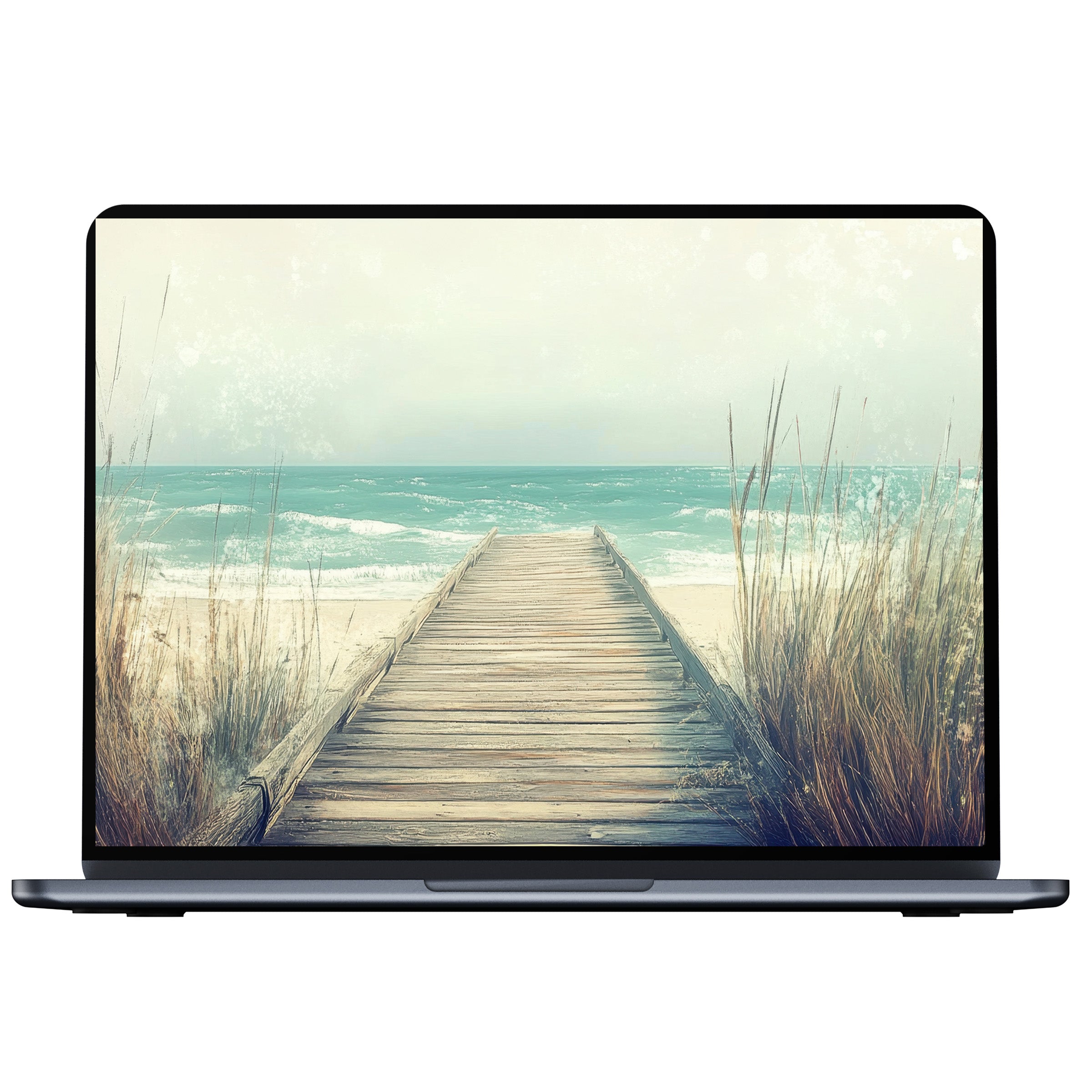 Beach desktop wallpaper digital download featuring a serene boardwalk leading to a tranquil sea ideal for PC or laptop backgrounds