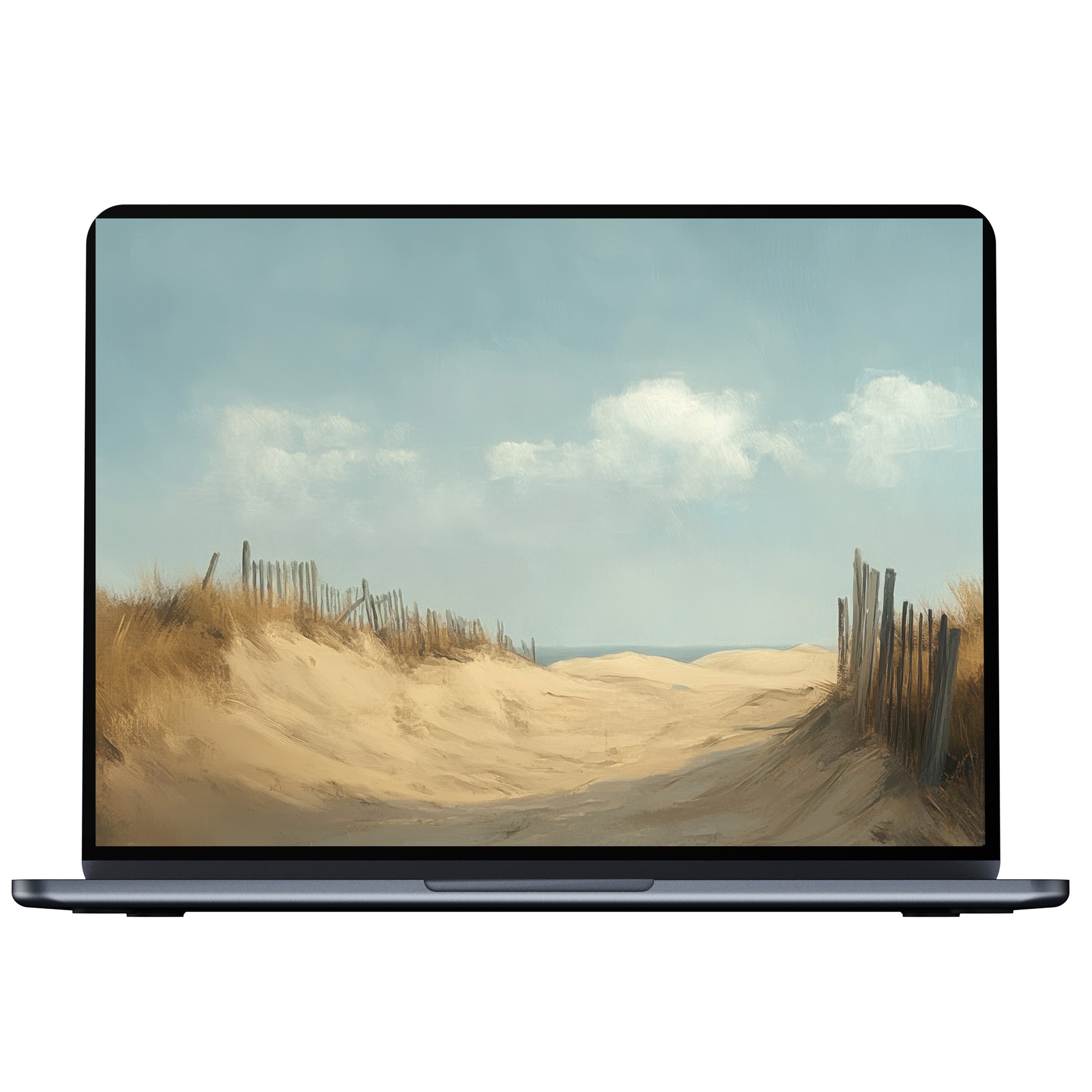 Beach desktop wallpaper showcasing serene sandy dunes under a blue sky digital download for PC and laptop enhancing tranquility