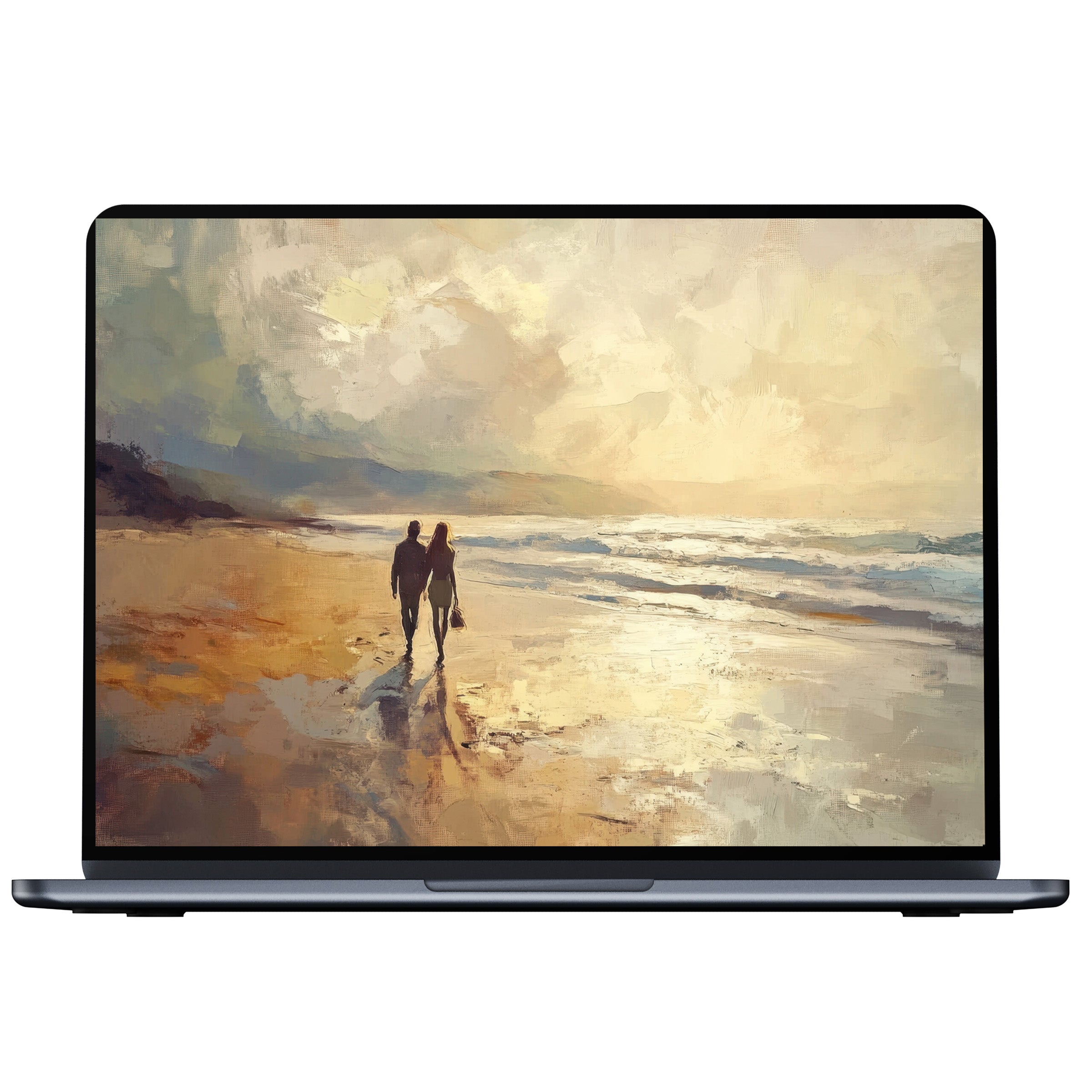 Beach desktop wallpaper digital download with a serene painting of a couple strolling by the seaside for PC or laptop screens