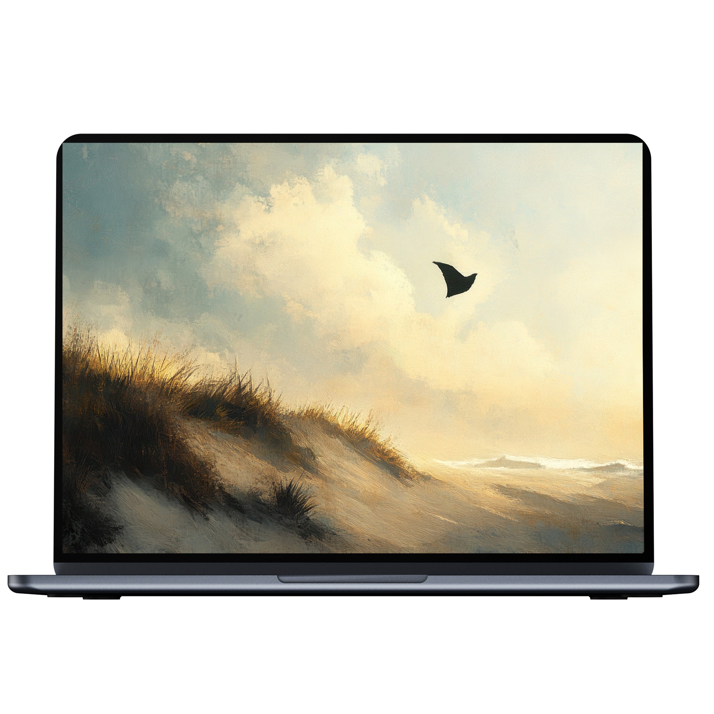 Beach desktop wallpaper digital download for PC and laptop featuring serene dunes and bird in soft, calming light for inspiration