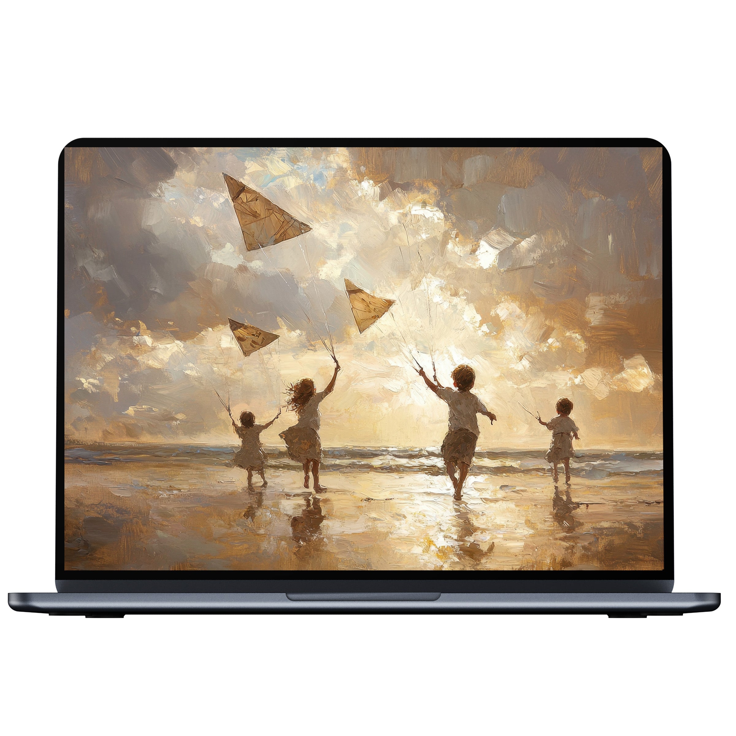 Inspiring beach desktop wallpaper for PC and laptop digital download features children flying kites at sunset in warm earthy hues