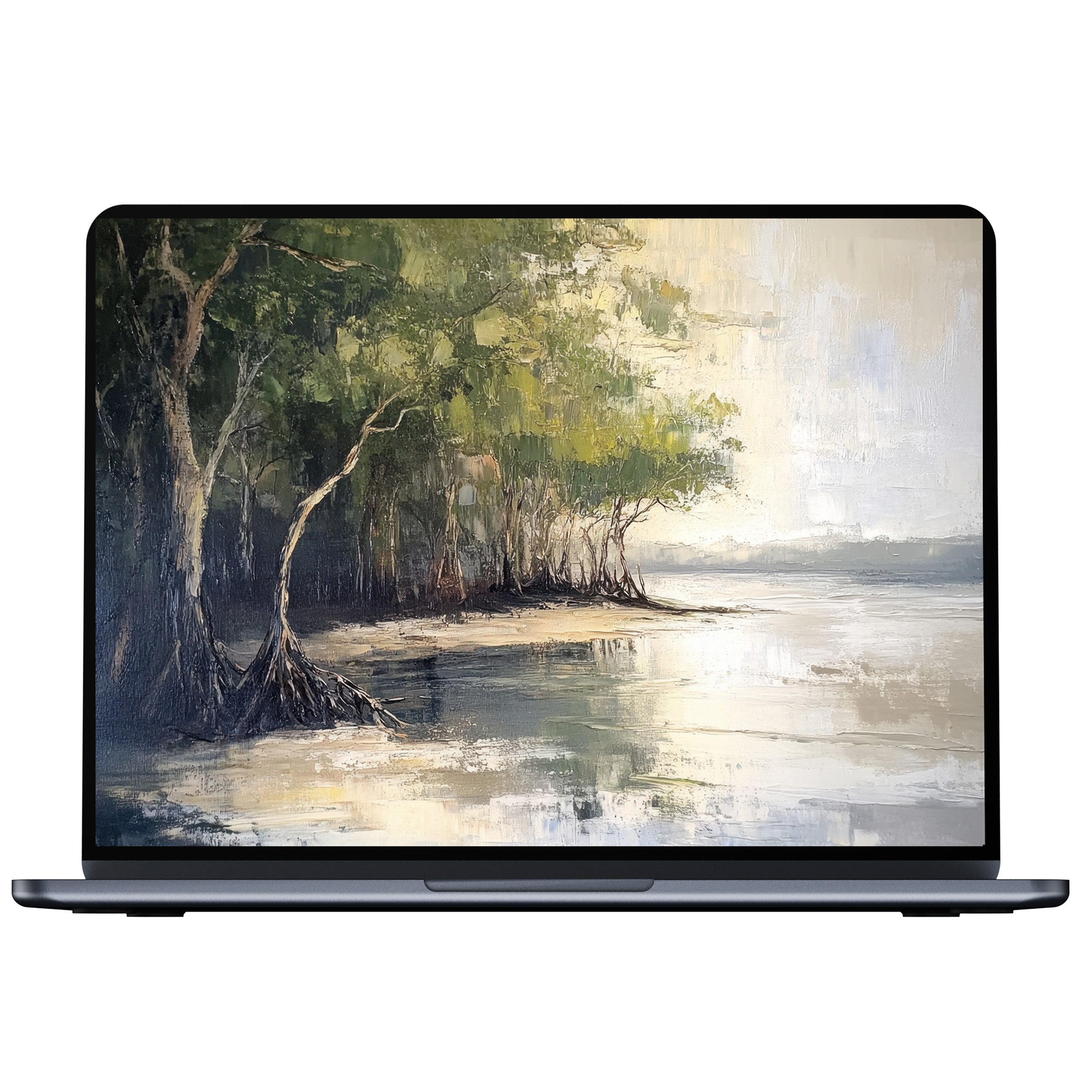 Serene beach desktop wallpaper digital download for PC and laptop with tranquil green trees and soft watercolor textures