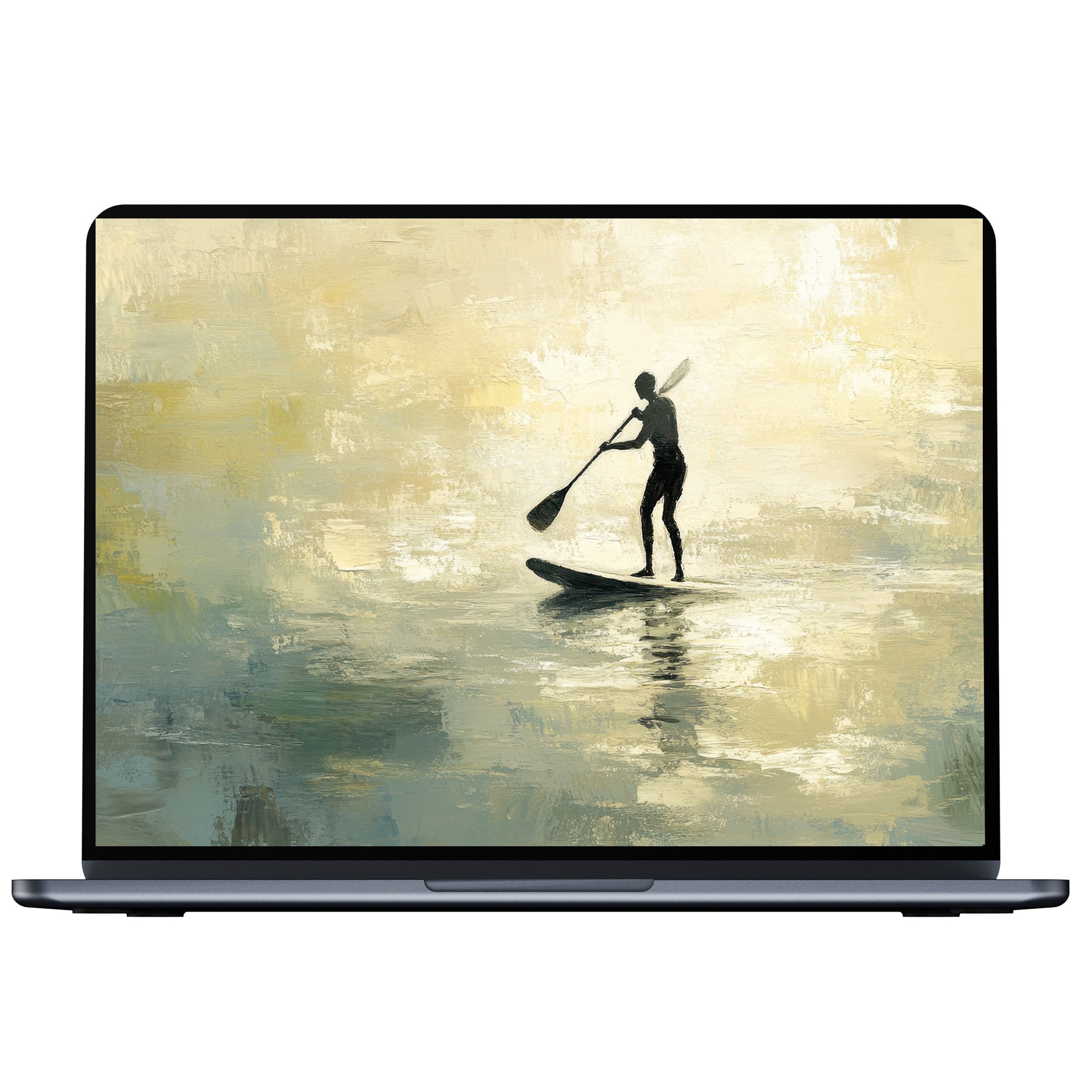 Serene beach desktop wallpaper digital download showcases a silhouette paddleboarding at sunset, ideal for inspiring elegance on PC or laptop