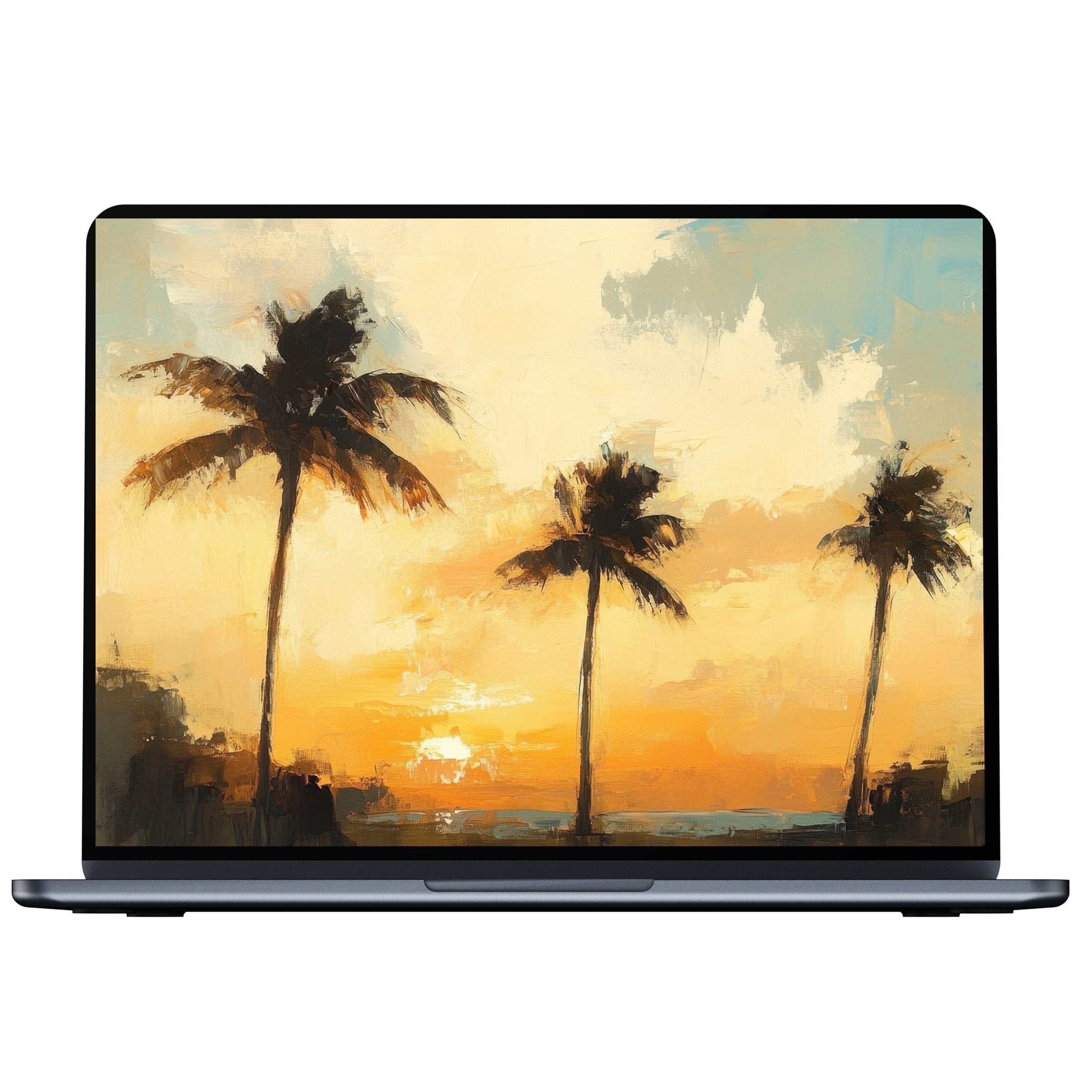 Elegant beach desktop wallpaper digital download with serene palm trees at sunset perfect for PC laptop or Mac design enthusiasts
