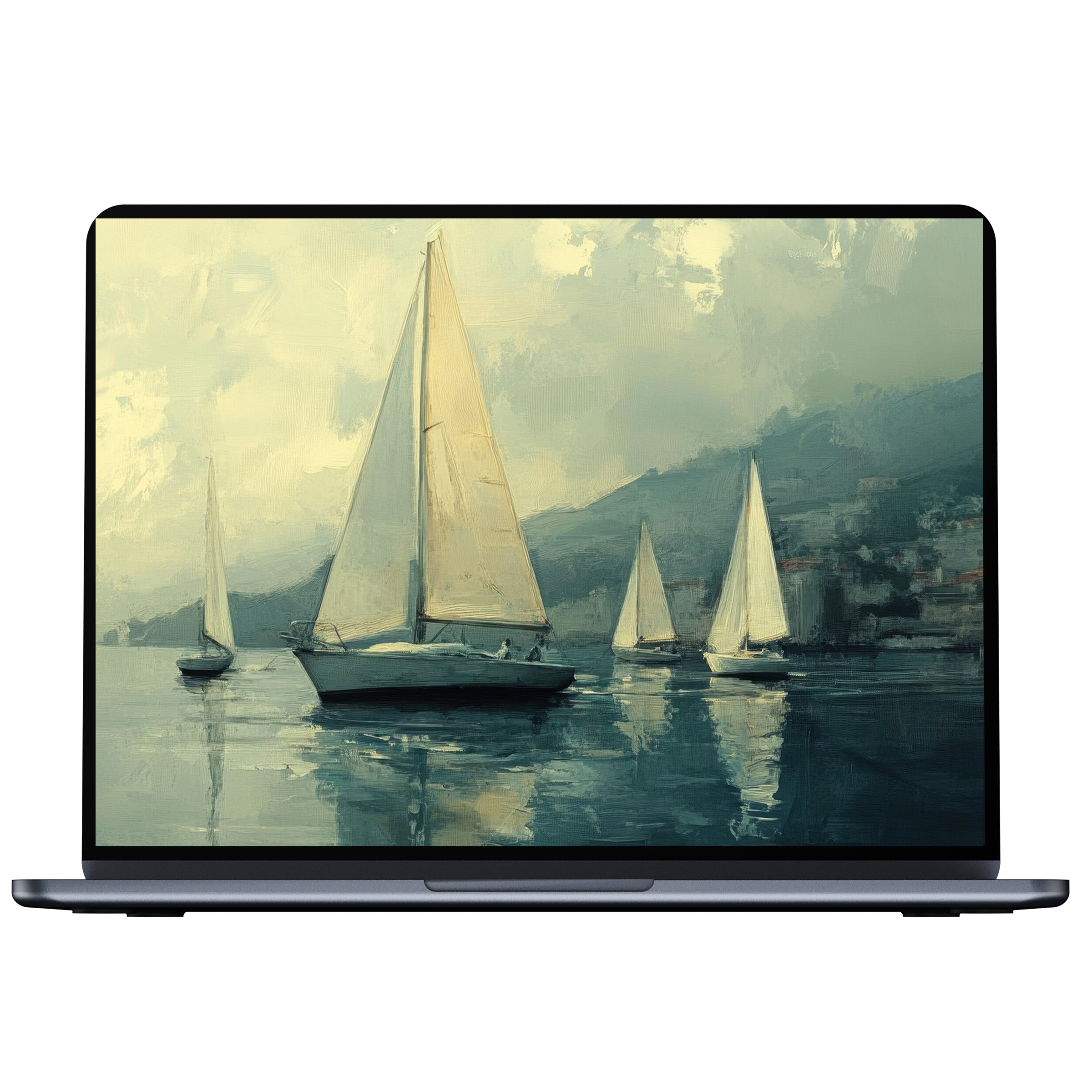 Serene beach desktop wallpaper featuring sailboats under pastel skies perfect for digital download on PC and laptop for inspiration