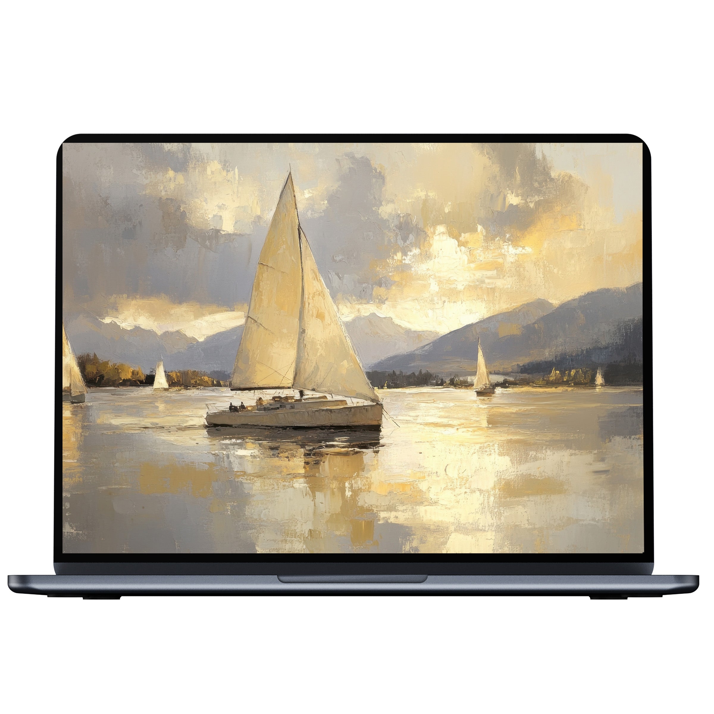 Elegant beach desktop wallpaper digital download of serene sailboats on calm waters with warm hues for PC and laptop screens