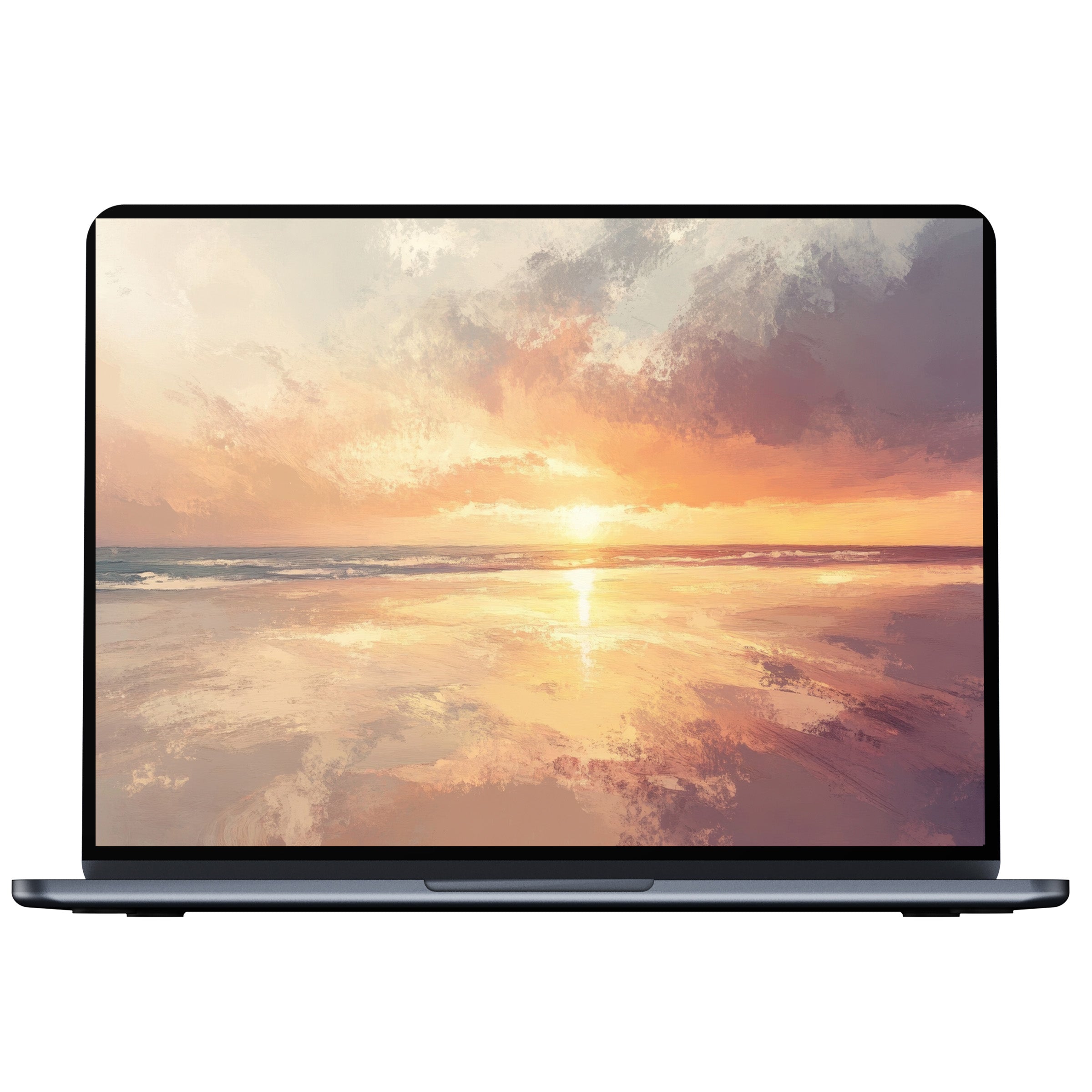 Beach desktop wallpaper digital download with serene sunset hues in an artistic style, ideal for PC and laptop backgrounds, inspires calm