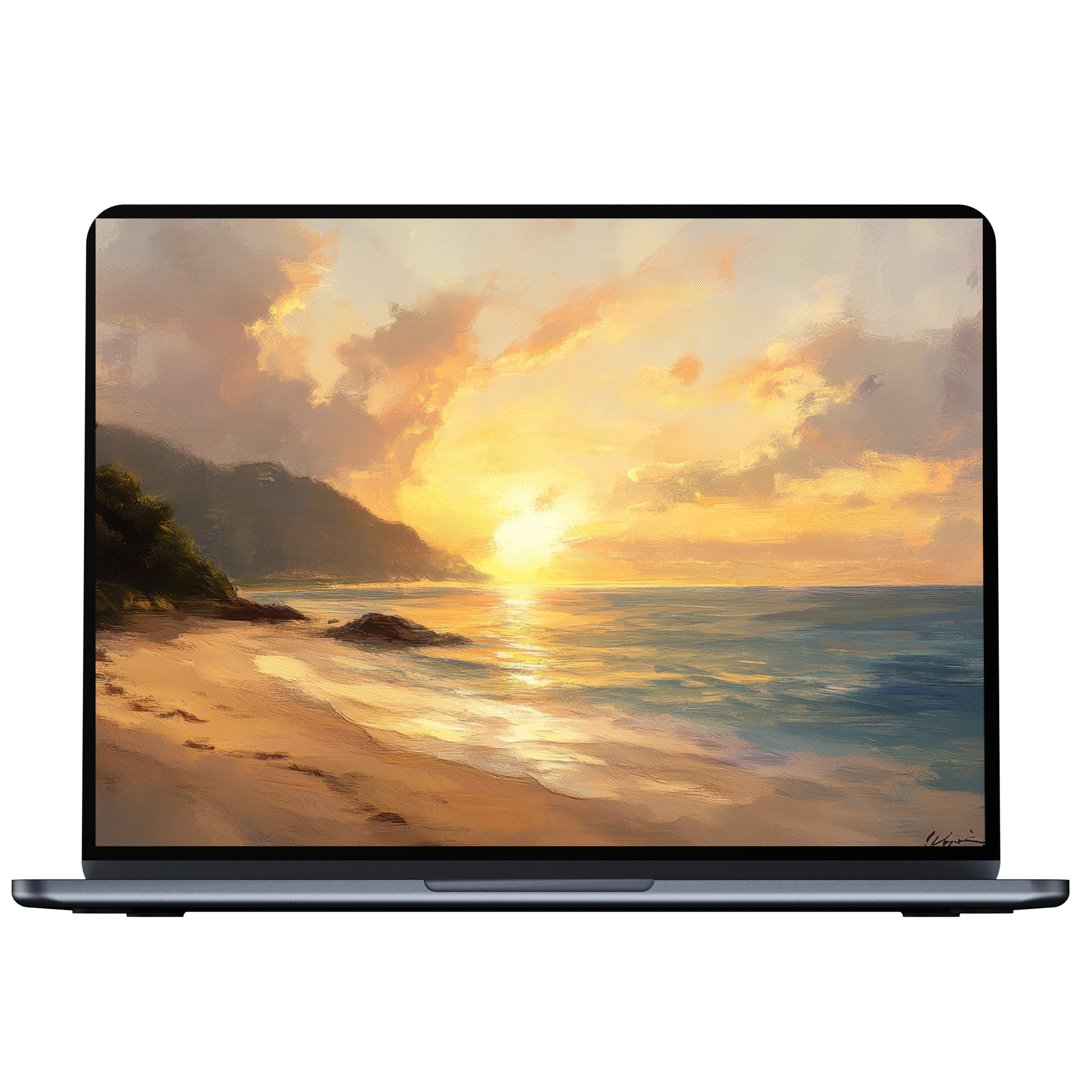 Beach desktop wallpaper with serene sunset hues and gentle waves for digital download, perfect for PC, laptop, or Mac screens