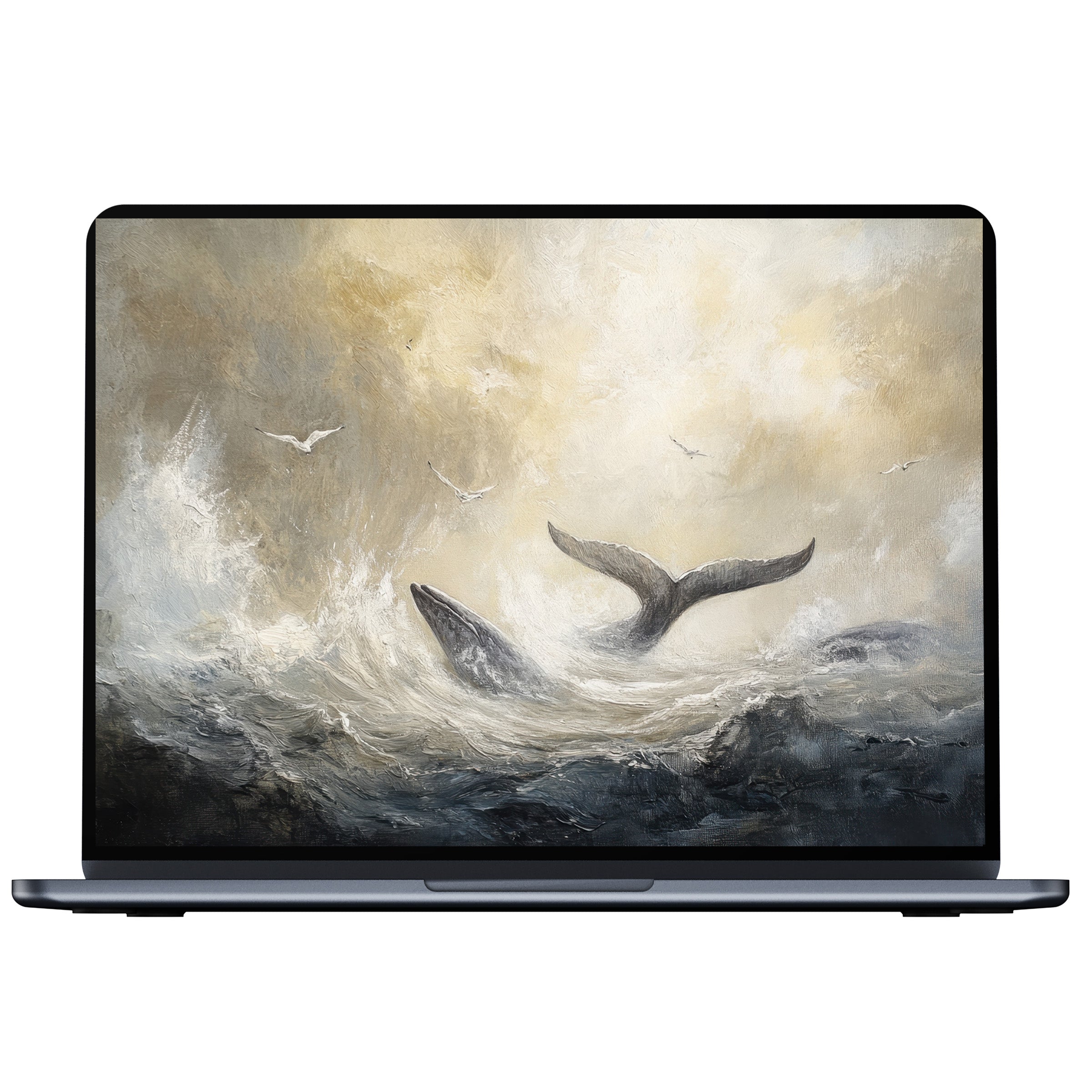 Elegant beach desktop wallpaper with serene waves and whales in warm tones, perfect for digital download on PC or laptop screens