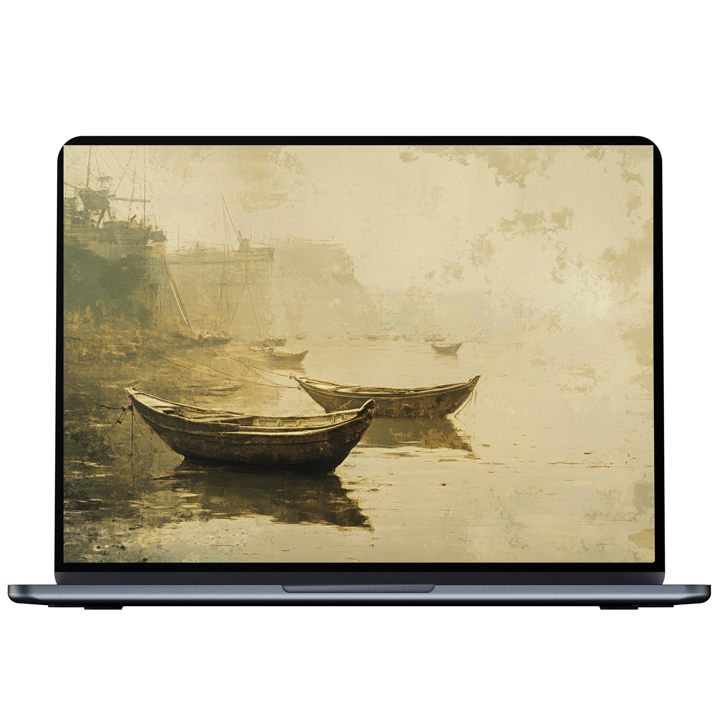Digital download of serene beach desktop wallpaper featuring vintage boats, perfect for PC, laptop or Mac, inspires calm elegance