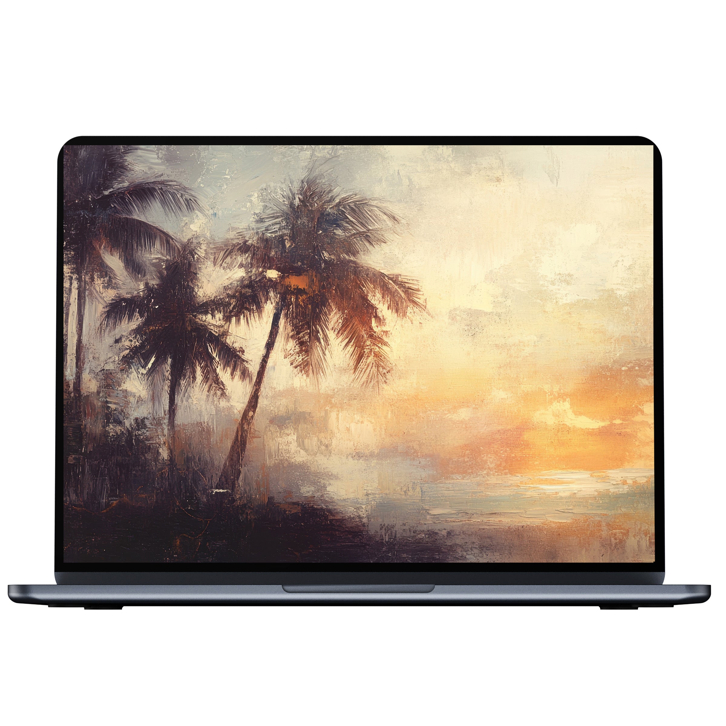 Elegant beach desktop wallpaper digital download featuring serene palm trees and sunset hues for PC, laptop, or Mac users