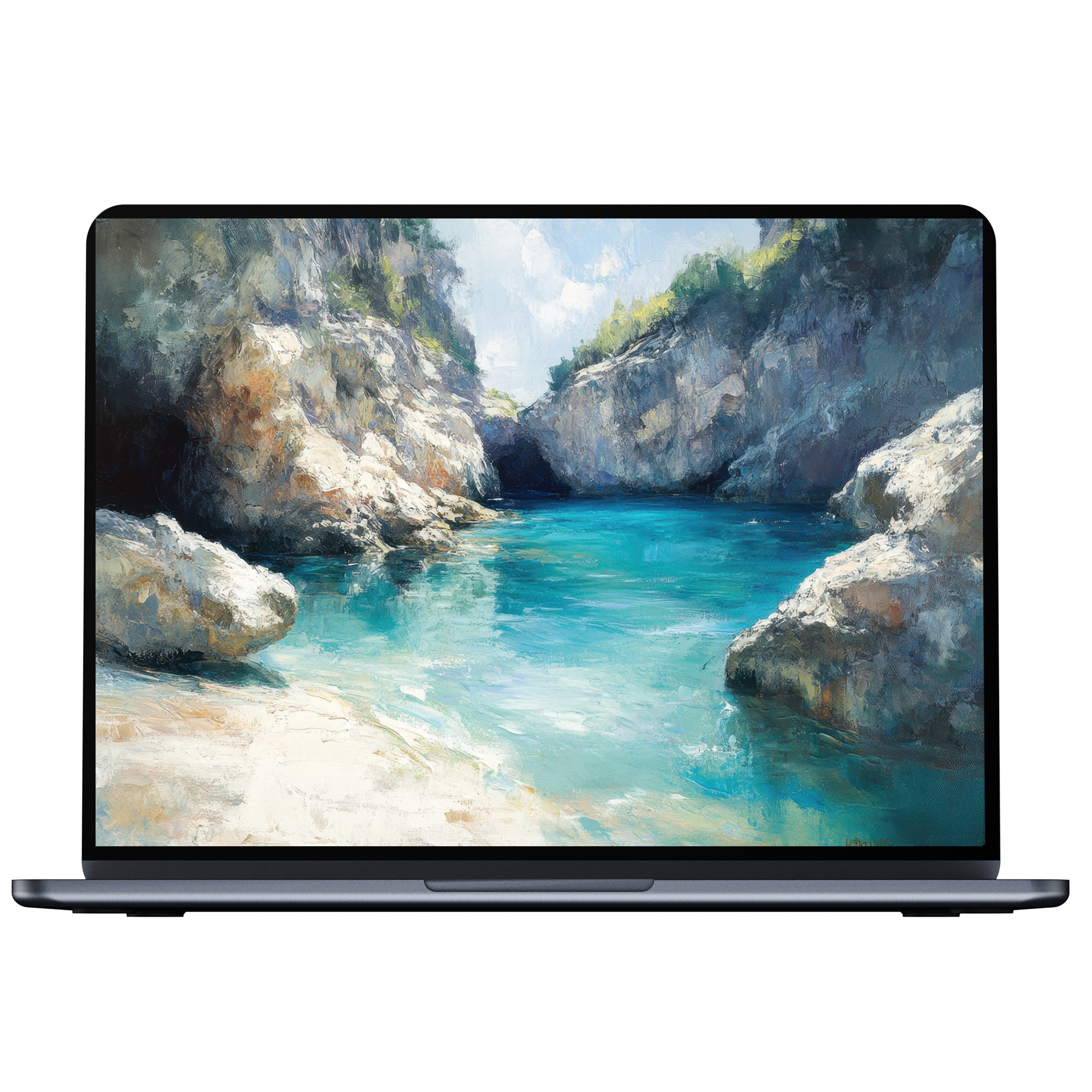Beach desktop wallpaper digital download features serene turquoise waters and rocky cliffs for PC and laptop aesthetics