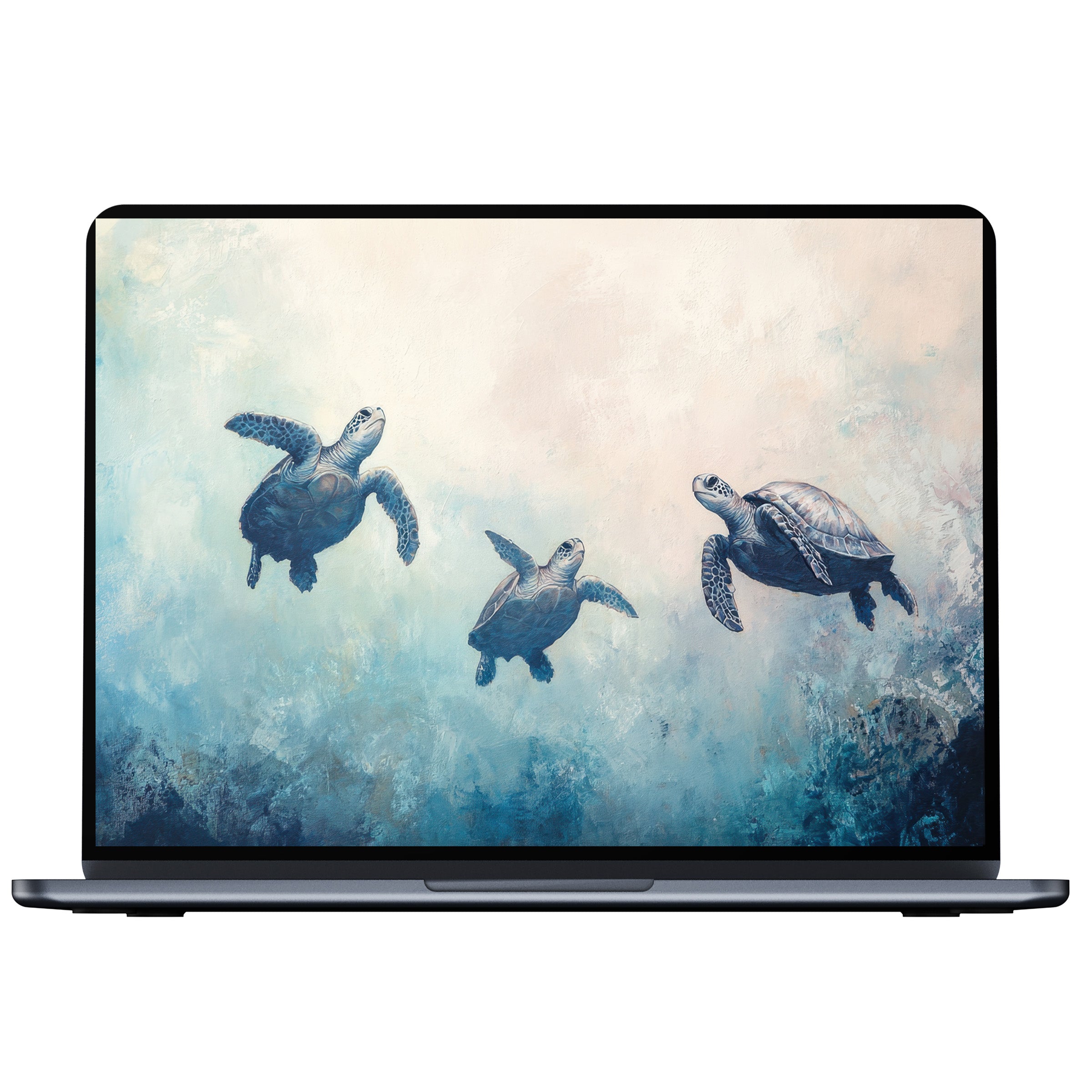 Serene beach desktop wallpaper featuring elegant turtles in calming blue tones, perfect digital download for PC, laptop, or Mac users seeking inspiration