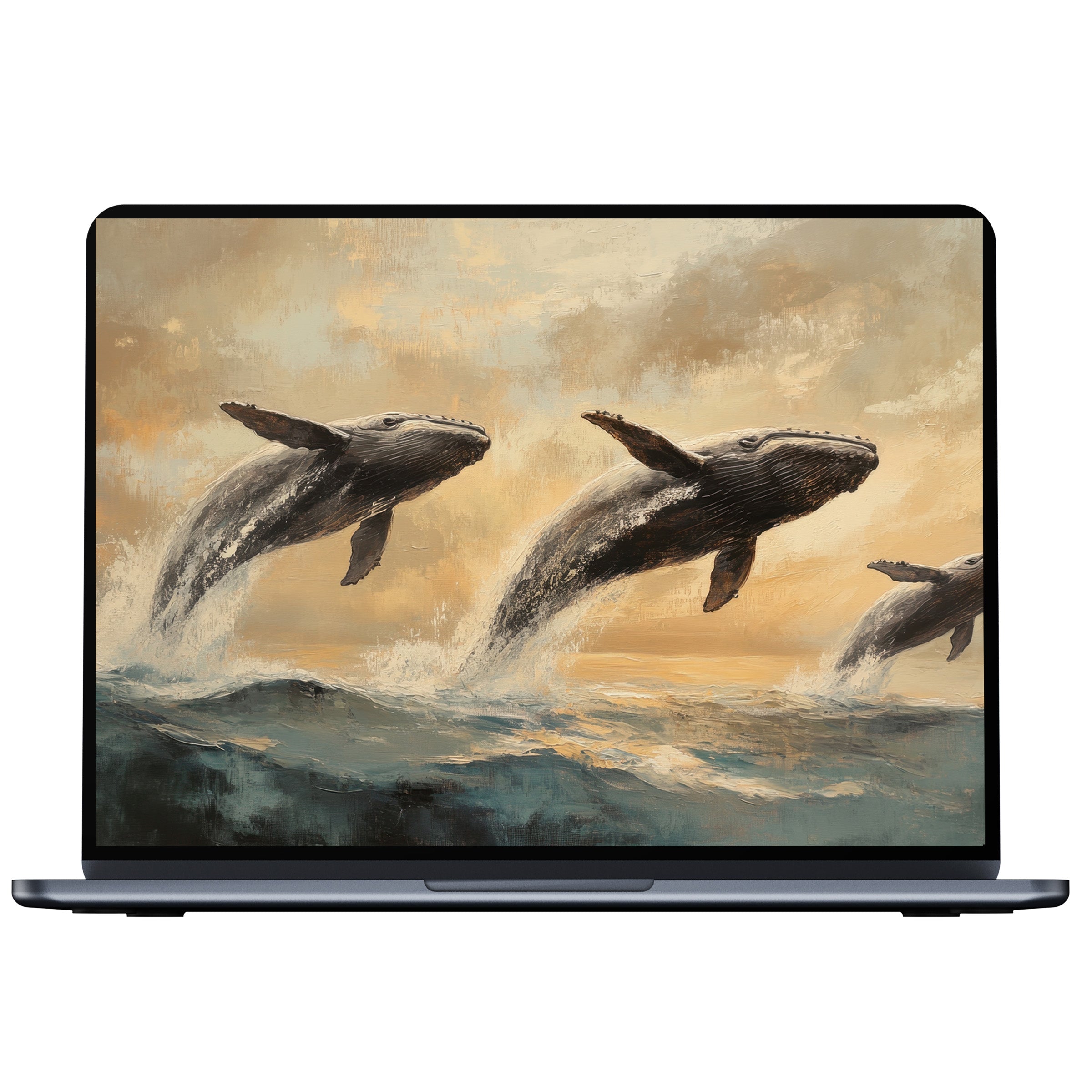 Elegant beach desktop wallpaper featuring majestic whales breaching under a serene sunset sky perfect for PC or laptop digital download