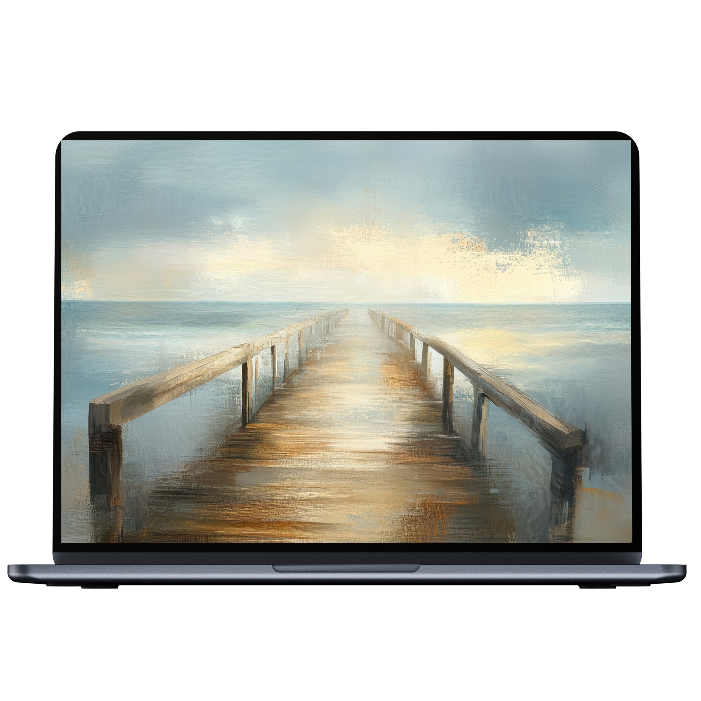 Beach desktop wallpaper digital download featuring a serene pier at sunrise in a soft, brushstroke style fits PC and laptop