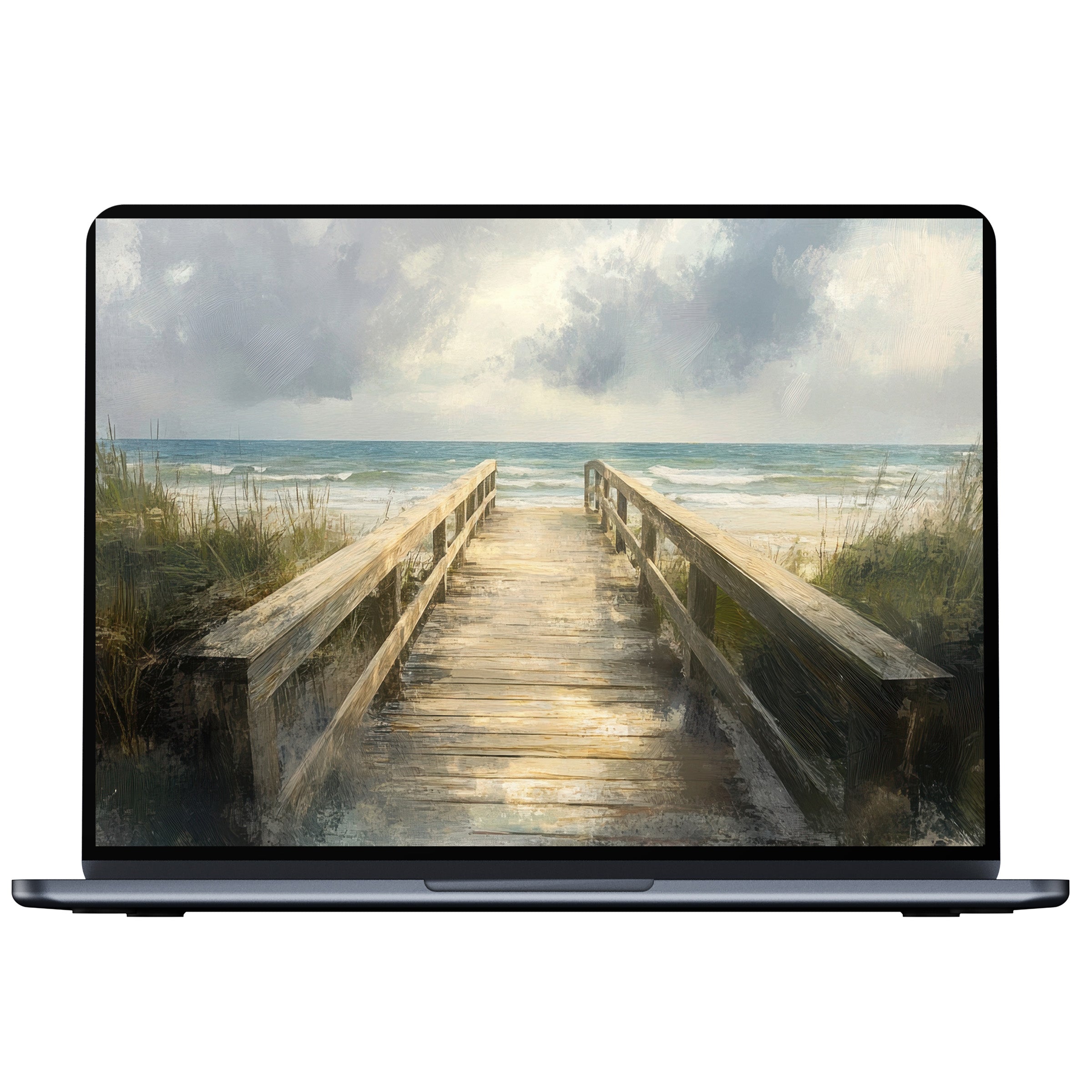 Beach desktop wallpaper digital download showcasing serene boardwalk to the sea in soft hues, ideal for PC, Laptop, or Mac