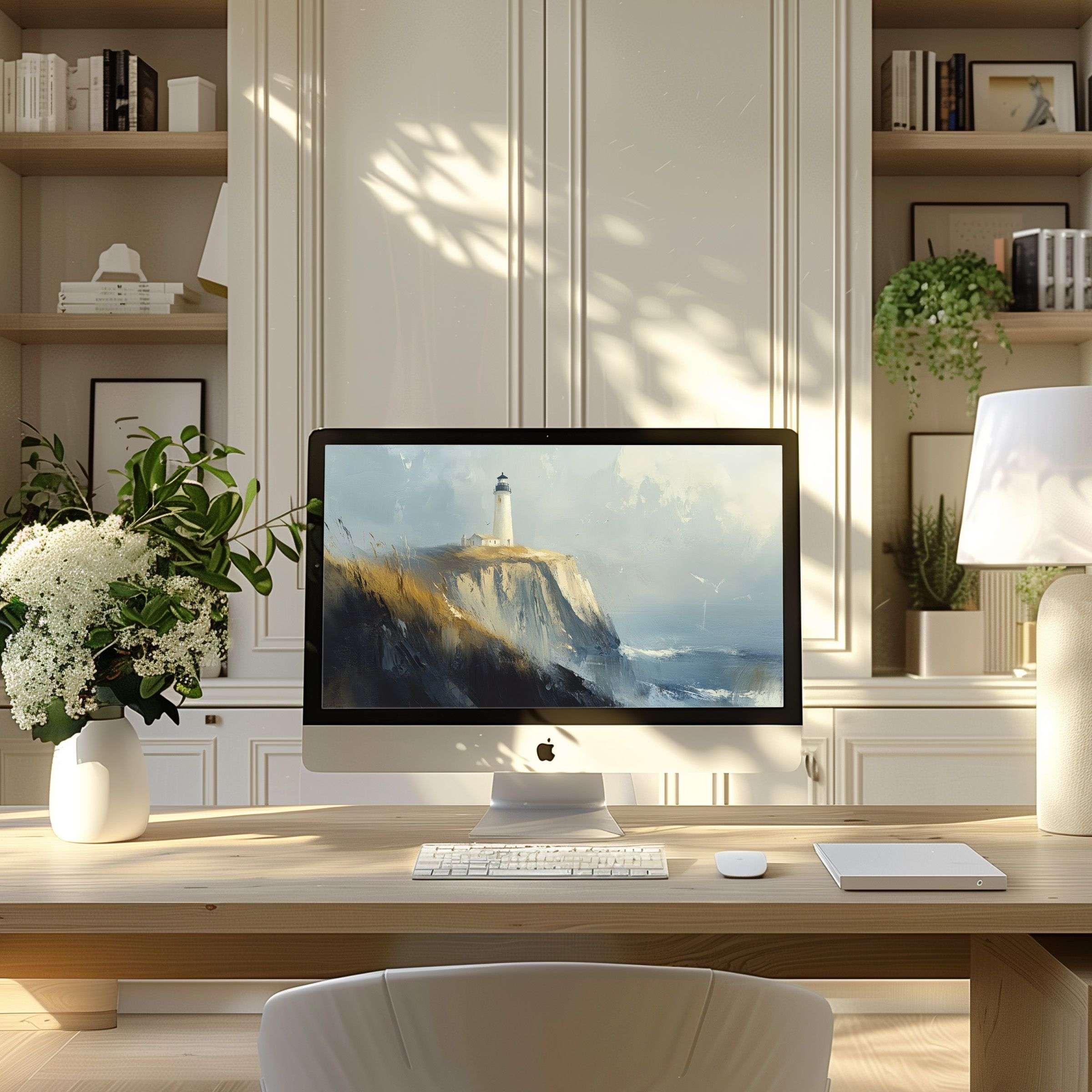 iMac on wooden desk in modern home office displaying a serene beach wallpaper for Mac featuring a lighthouse on a coastal cliff with ocean waves and soft skies