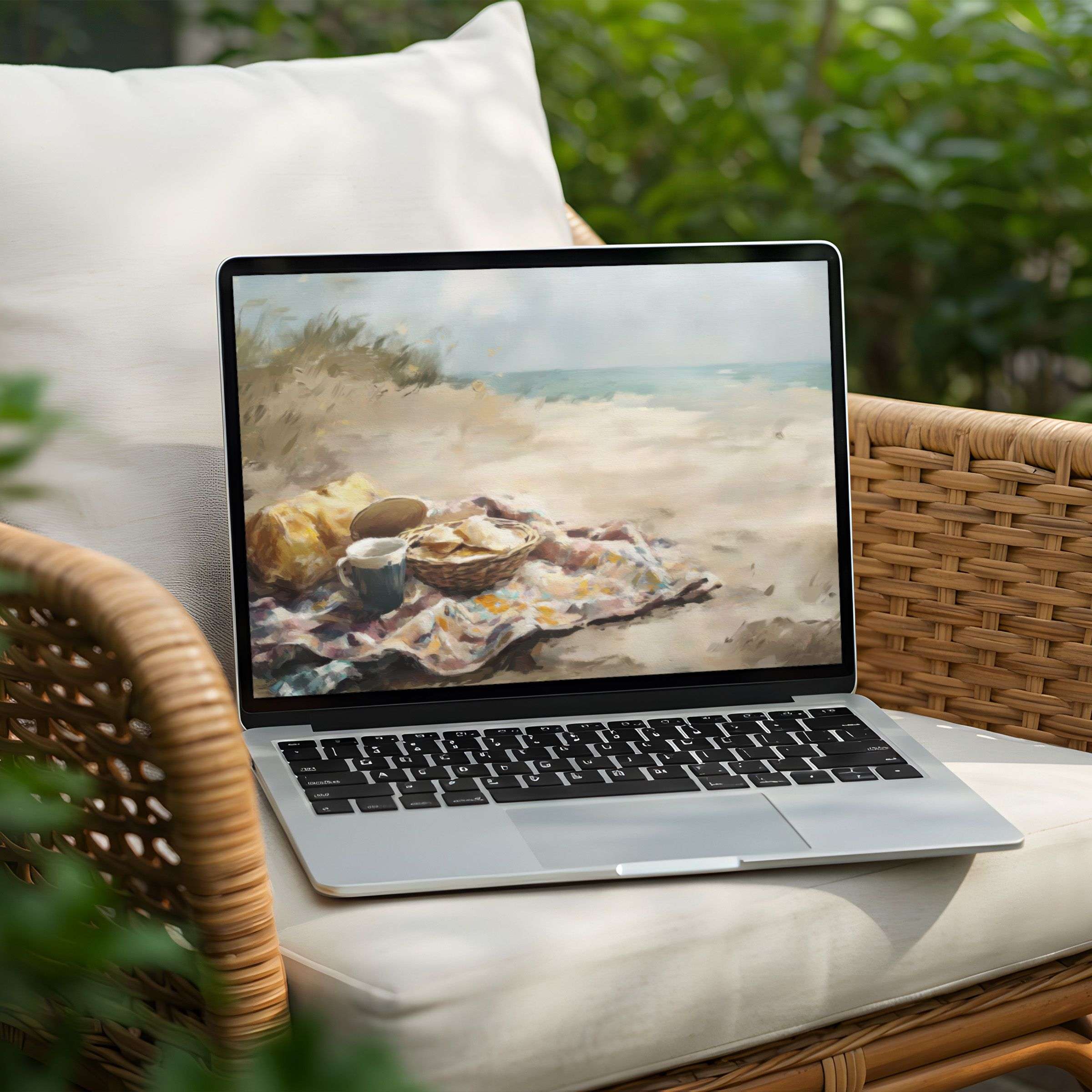 Calm coastal picnic painting desktop background for PC and Laptop instant download, offering elegance, inspiration, and mindfulness