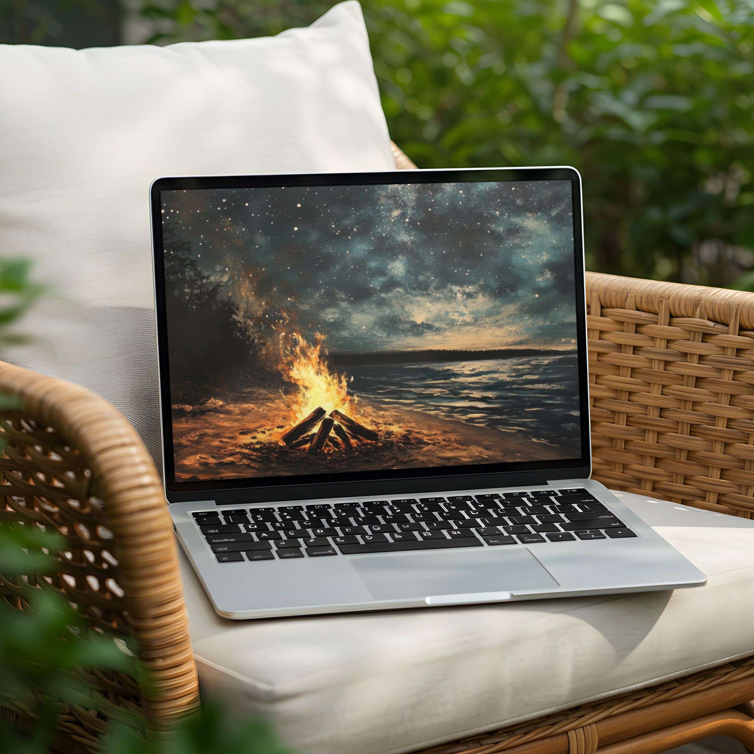 Serene desktop background for PC and Laptop available as instant download featuring a calming campfire and starlit sky scene