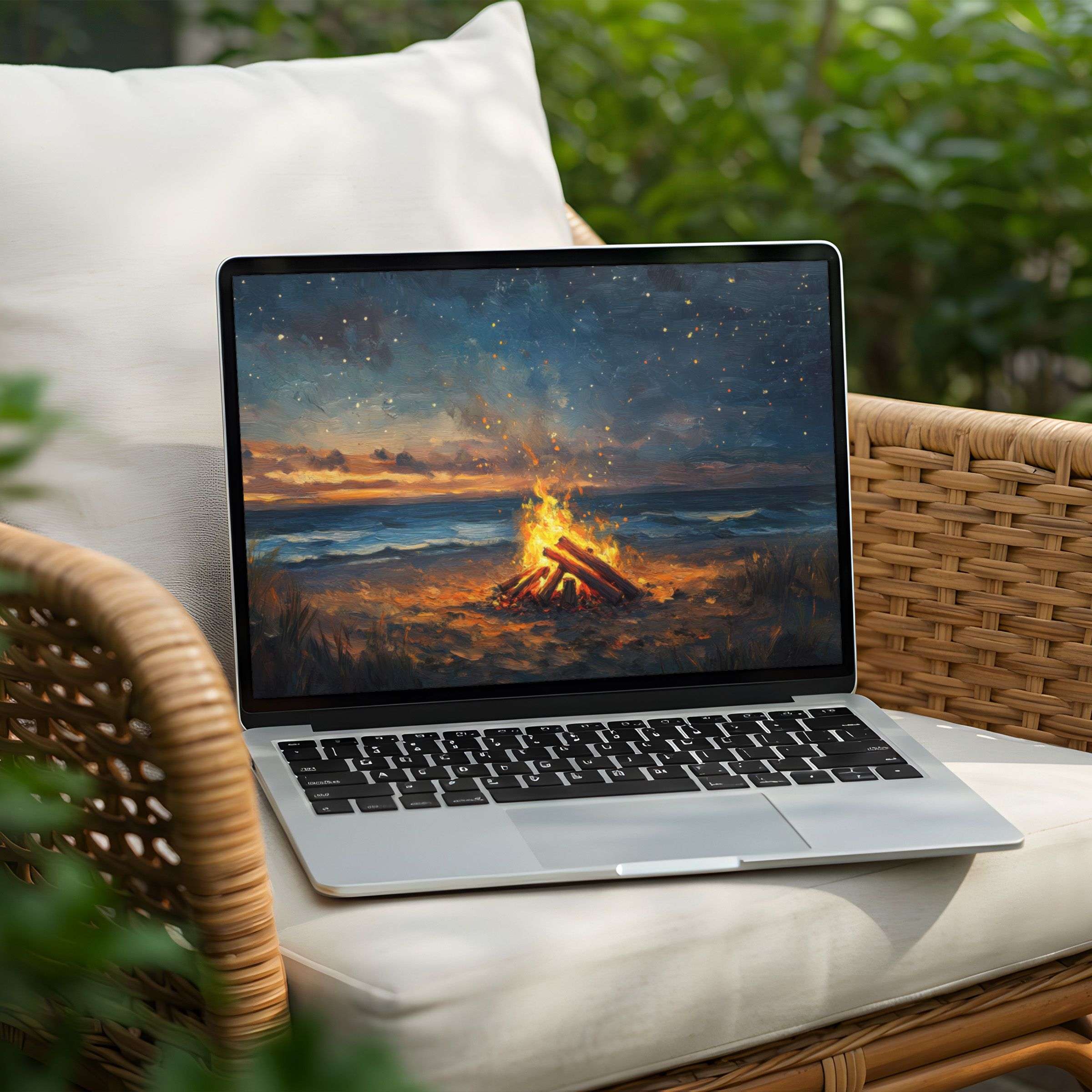 Inspire peace with this digital art desktop background featuring a soothing seaside bonfire for PC and Laptop instant download