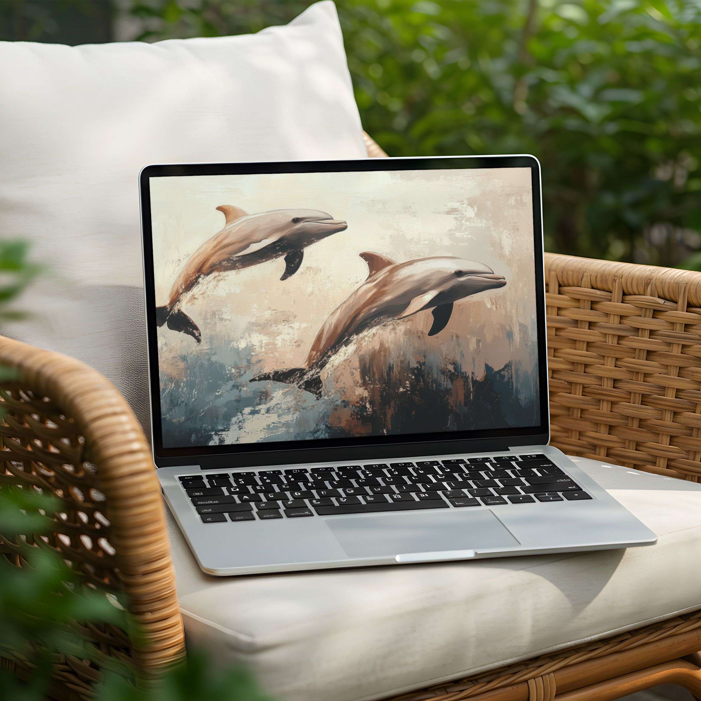 Elegant dolphin-themed desktop background for PC and Laptop instant download inspiring calm mindfulness through subtle artistry