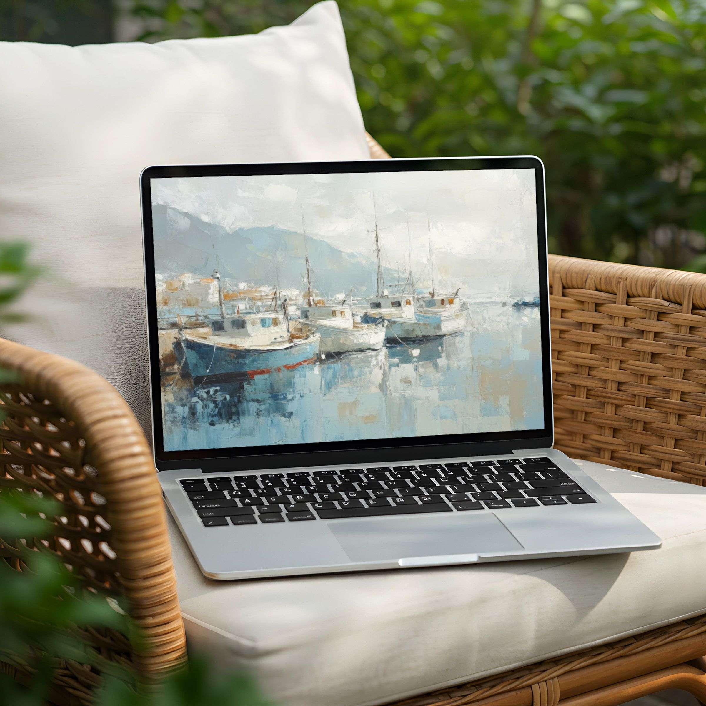 Tranquil desktop background featuring serene seascape painting on a laptop; perfect instant download for PC, promoting calm elegance