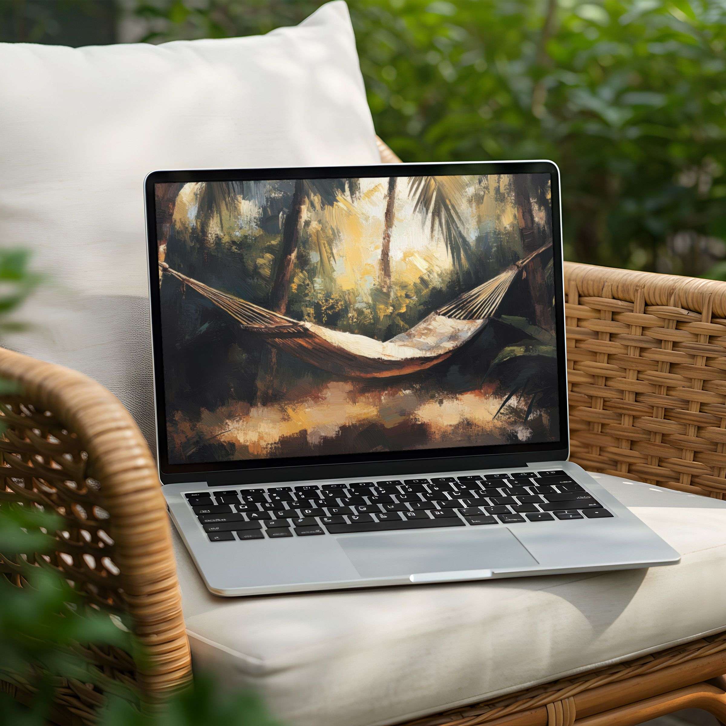 Inspire calm with this elegant forest hammock desktop background for PC or Laptop instant download for mindful tranquility
