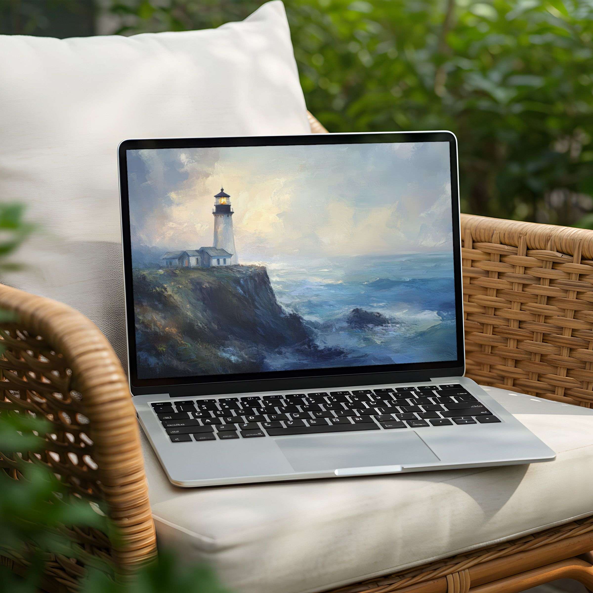 Elegant lighthouse digital art for PC or Laptop desktop background, available as instant download to inspire calm mindfulness