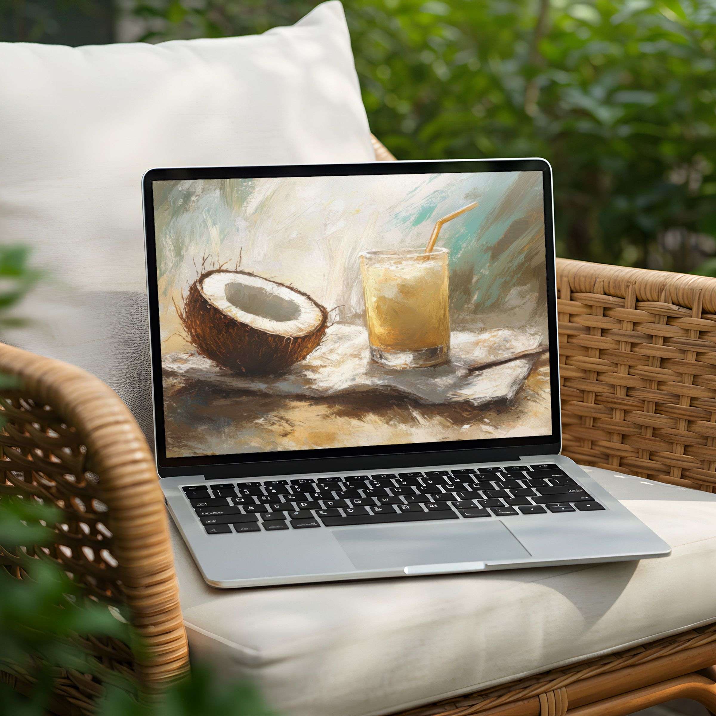 Elegant digital art of coconut and drink brings calm inspiration to your PC or Laptop desktop background instant download