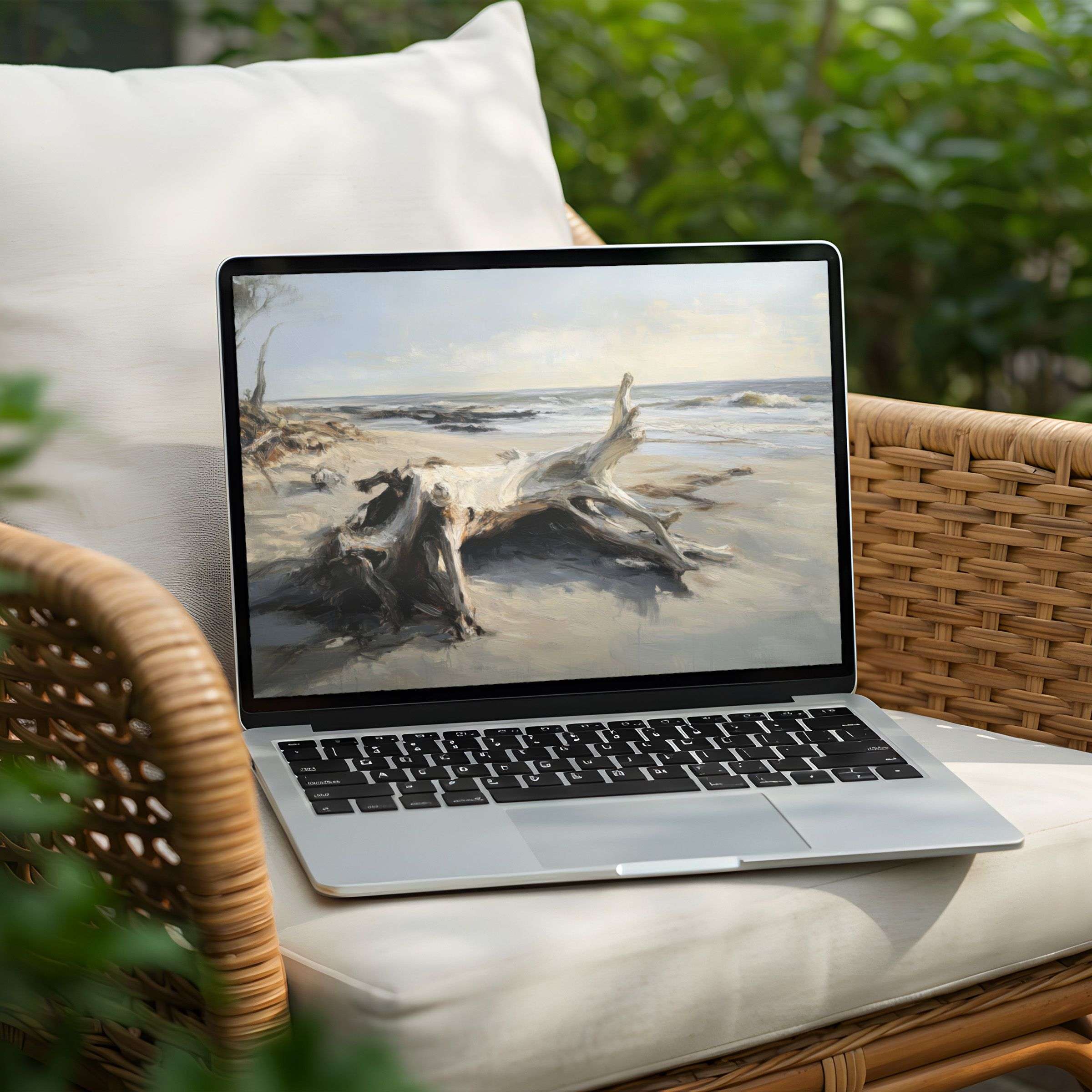 Peaceful driftwood on a serene beach decorates this elegant desktop background for instant download to your PC or Laptop