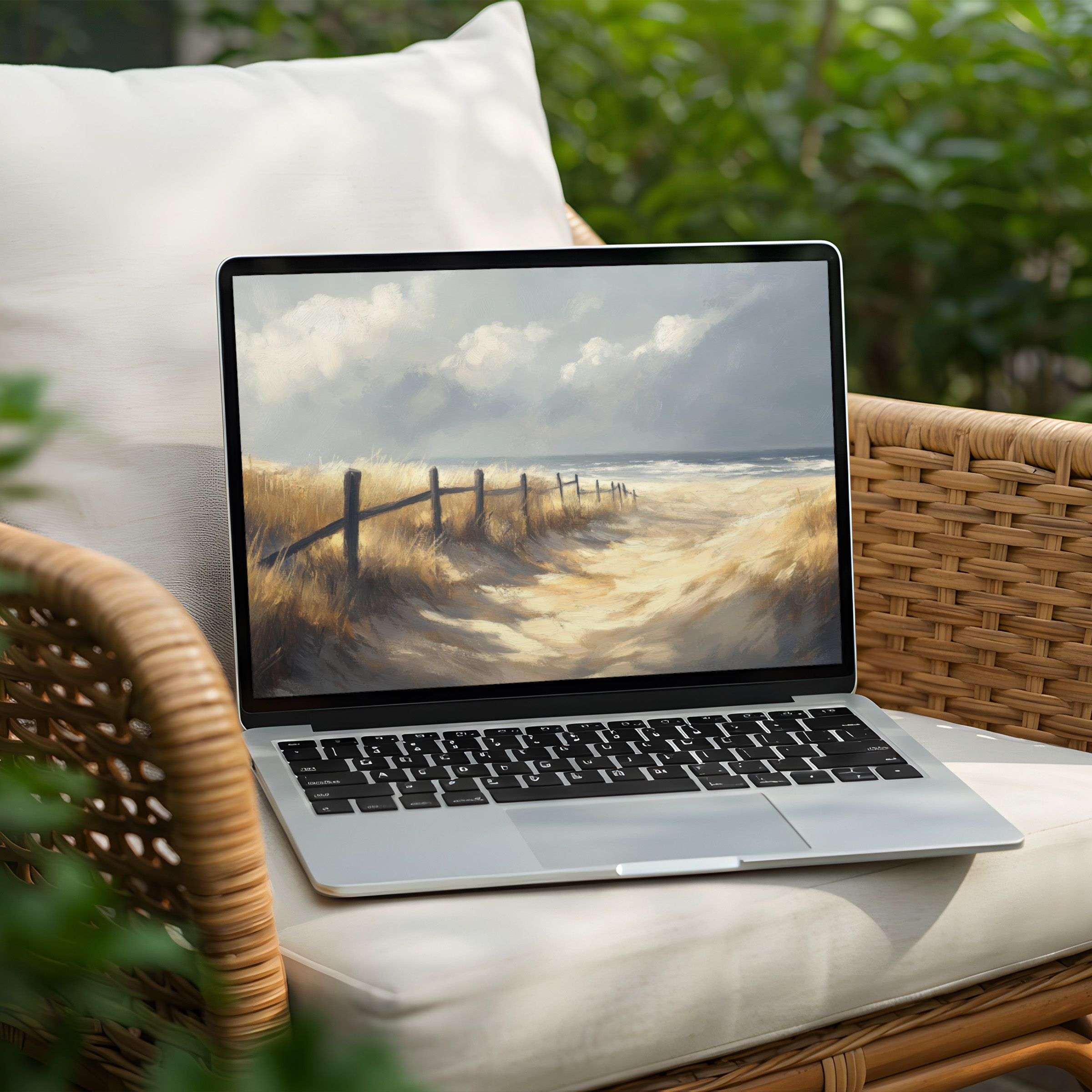 Calming seaside desktop background for PC or Laptop, offering instant download to inspire elegance and mindfulness in design-conscious spaces