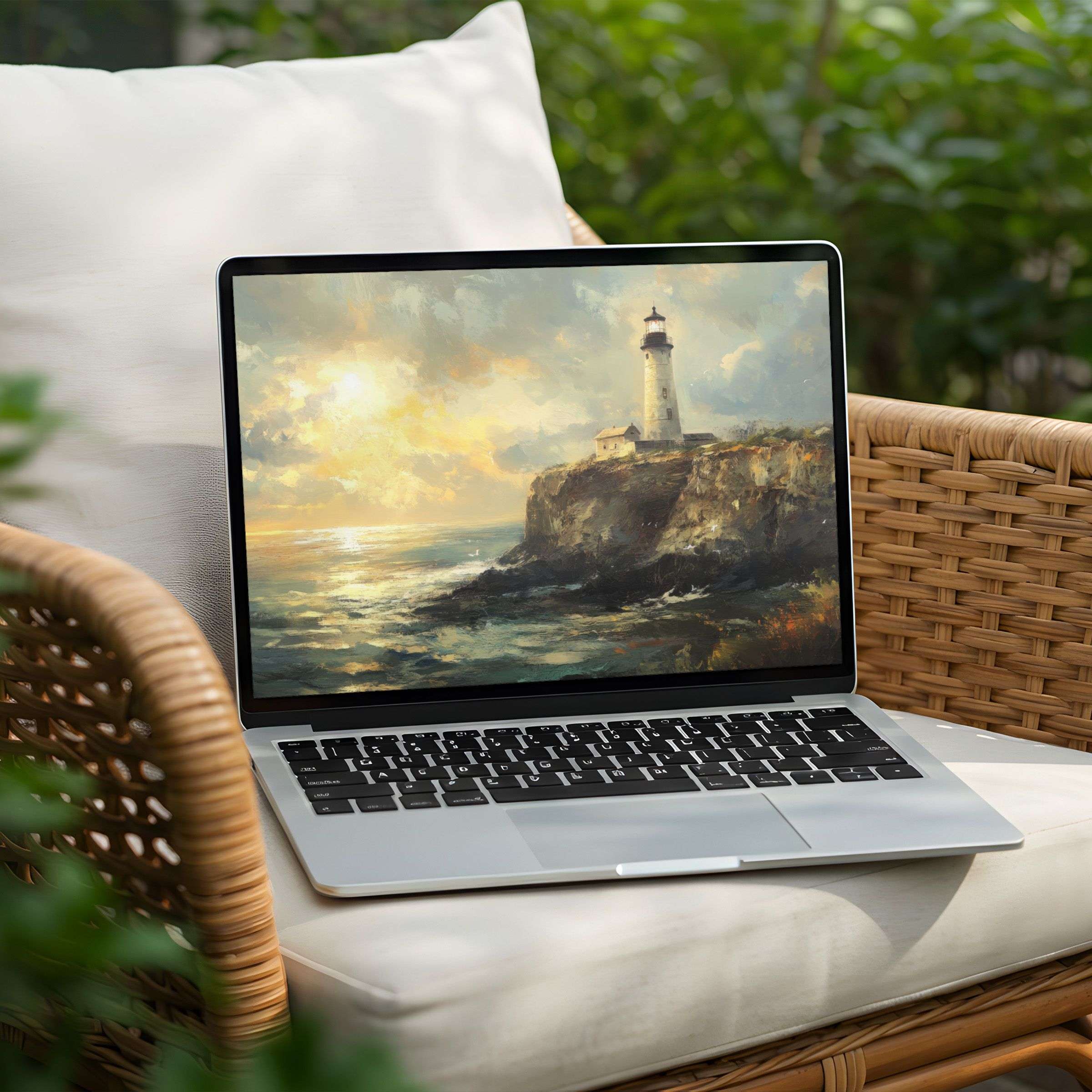 Serene lighthouse painting on Laptop desktop background for instant download, perfect for PC users seeking calm and inspiration