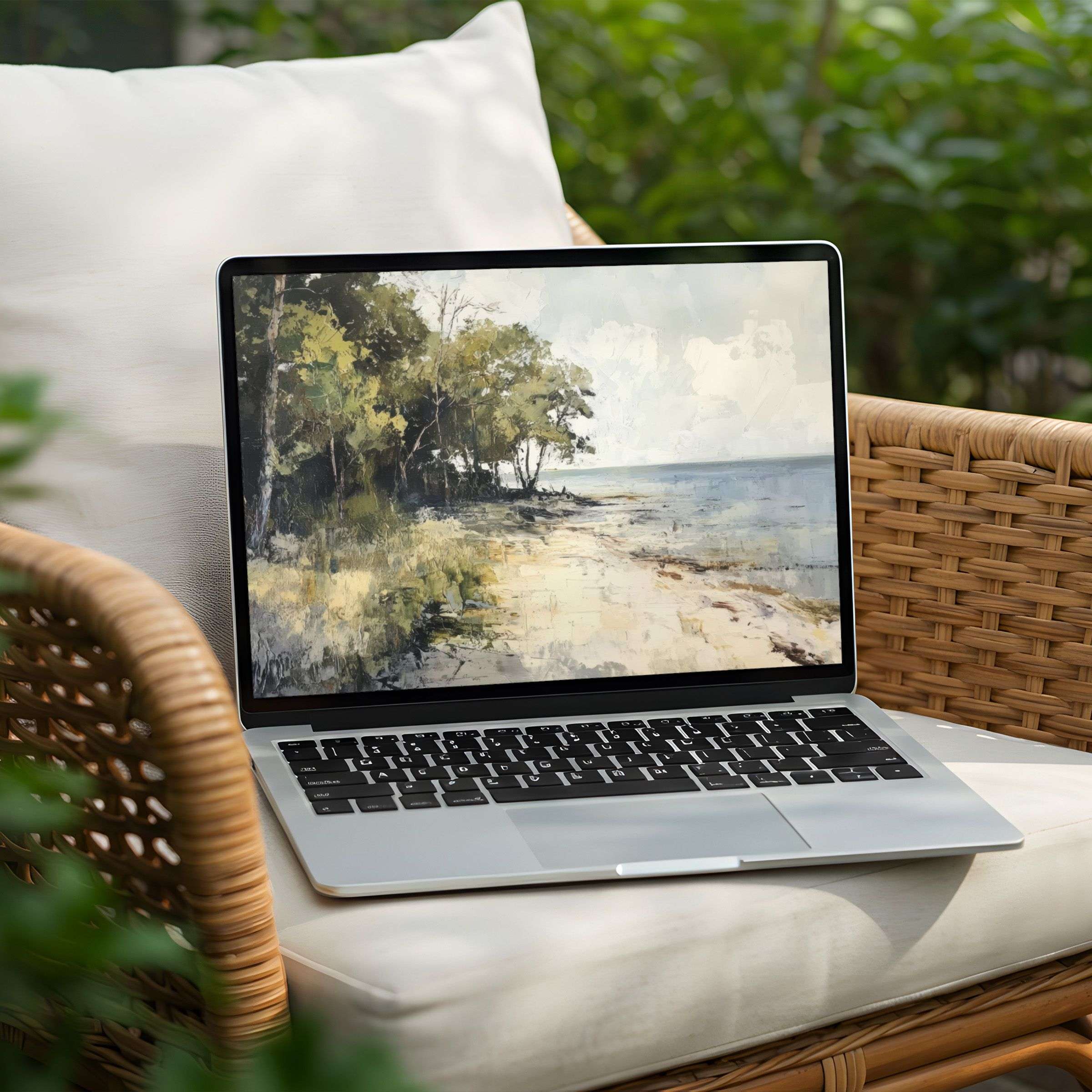 Serene coastal desktop background for PC and Laptop, offering instant download for mindfulness and elegant digital art ambiance