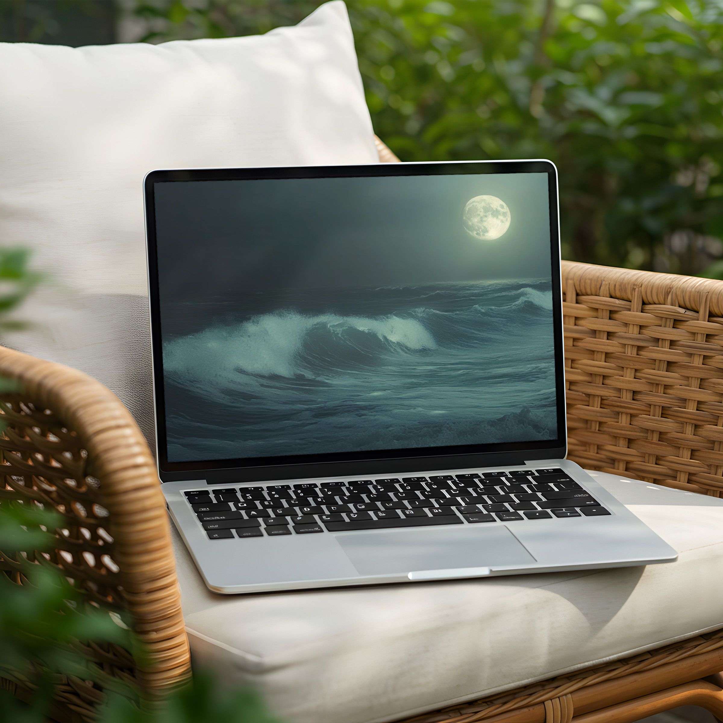 Serene ocean waves under a moonlit sky create an elegant desktop background for PC or Laptop instant download for mindfulness