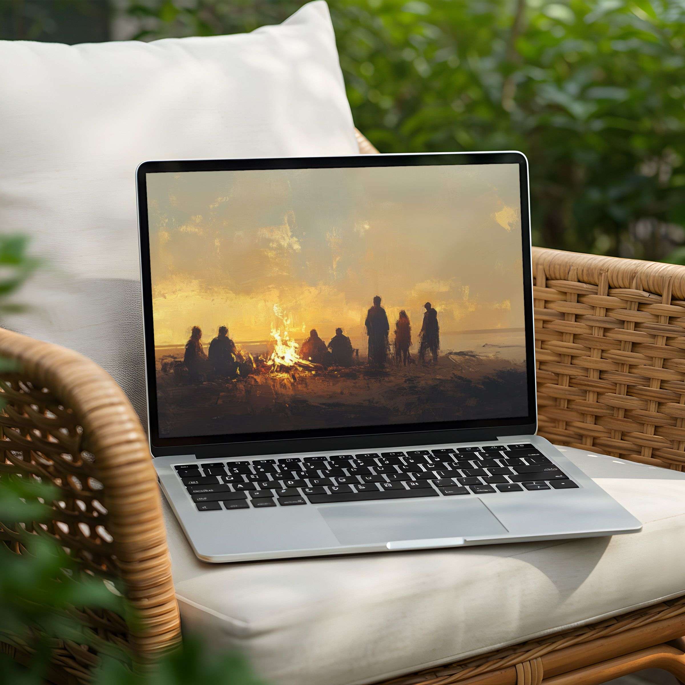 Inspiring sunset campfire digital art for PC and Laptop desktop background as an instant download for elegant calm ambiance