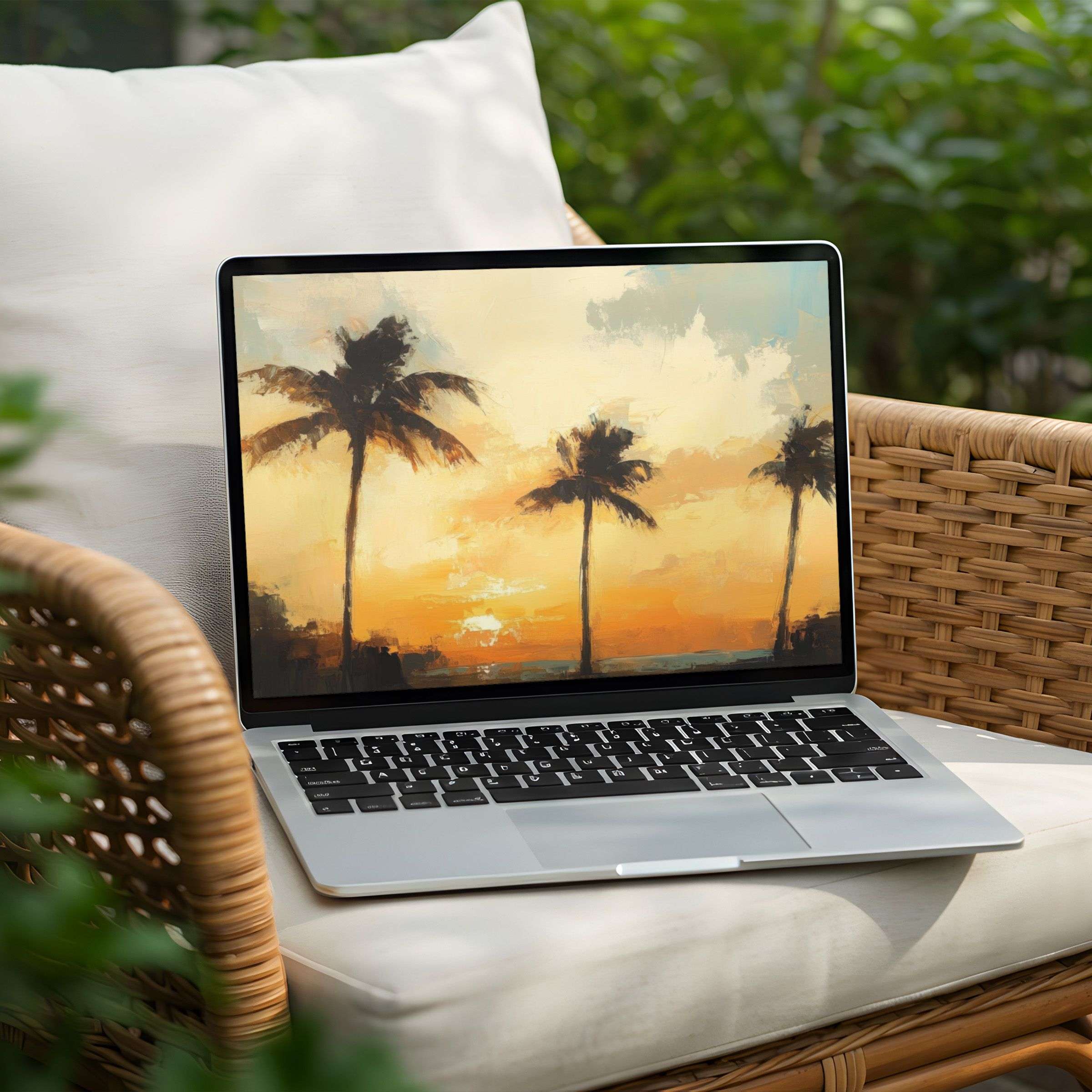Elegant palm sunset desktop background on PC offers instant download for laptops inspiring calm and mindfulness with each view