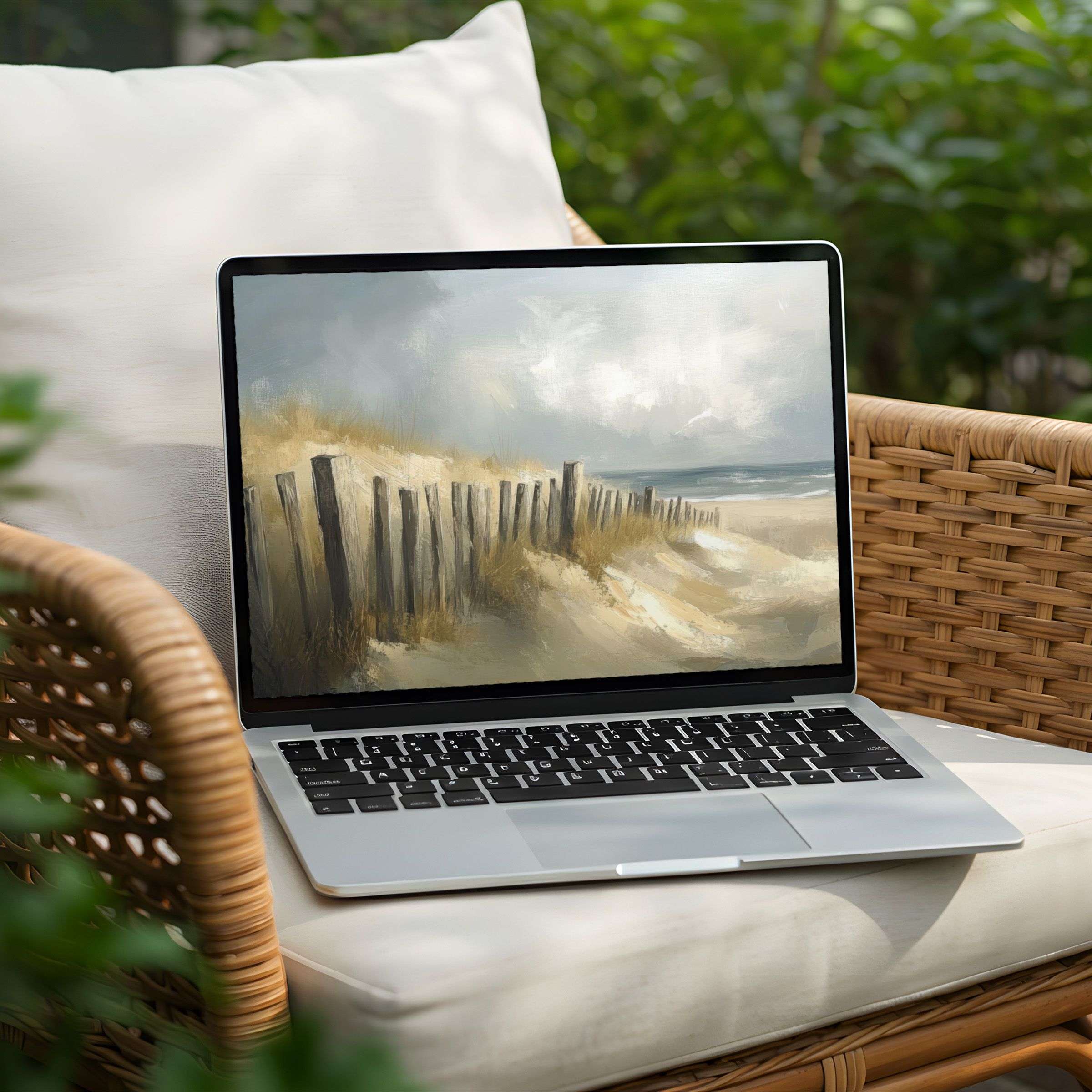 Elegant beach scene on PC desktop background for instant download inspiring calm and mindfulness on your laptop screen