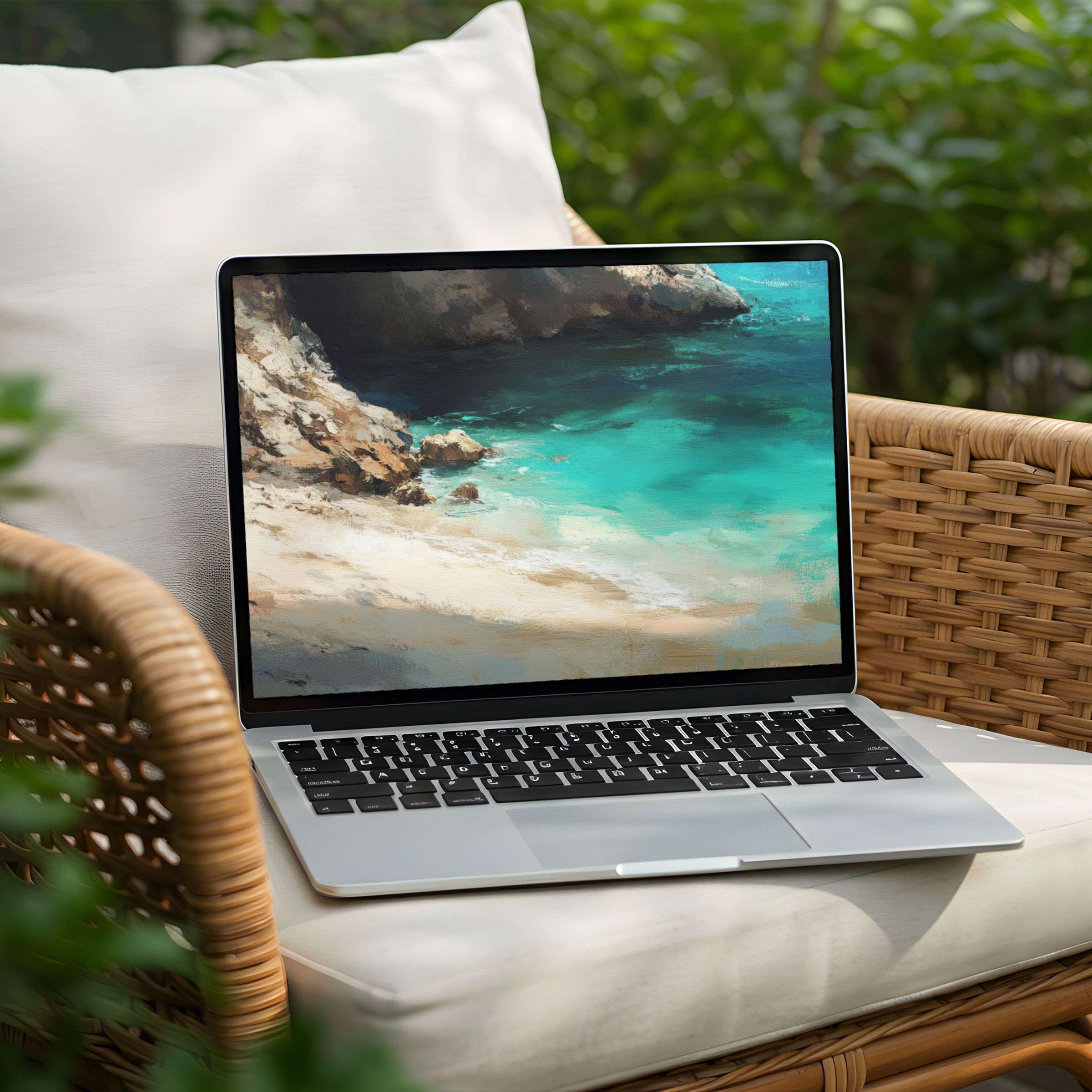 Instant download serene coastal painting desktop background for PC and Laptop fostering calm elegance and mindfulness