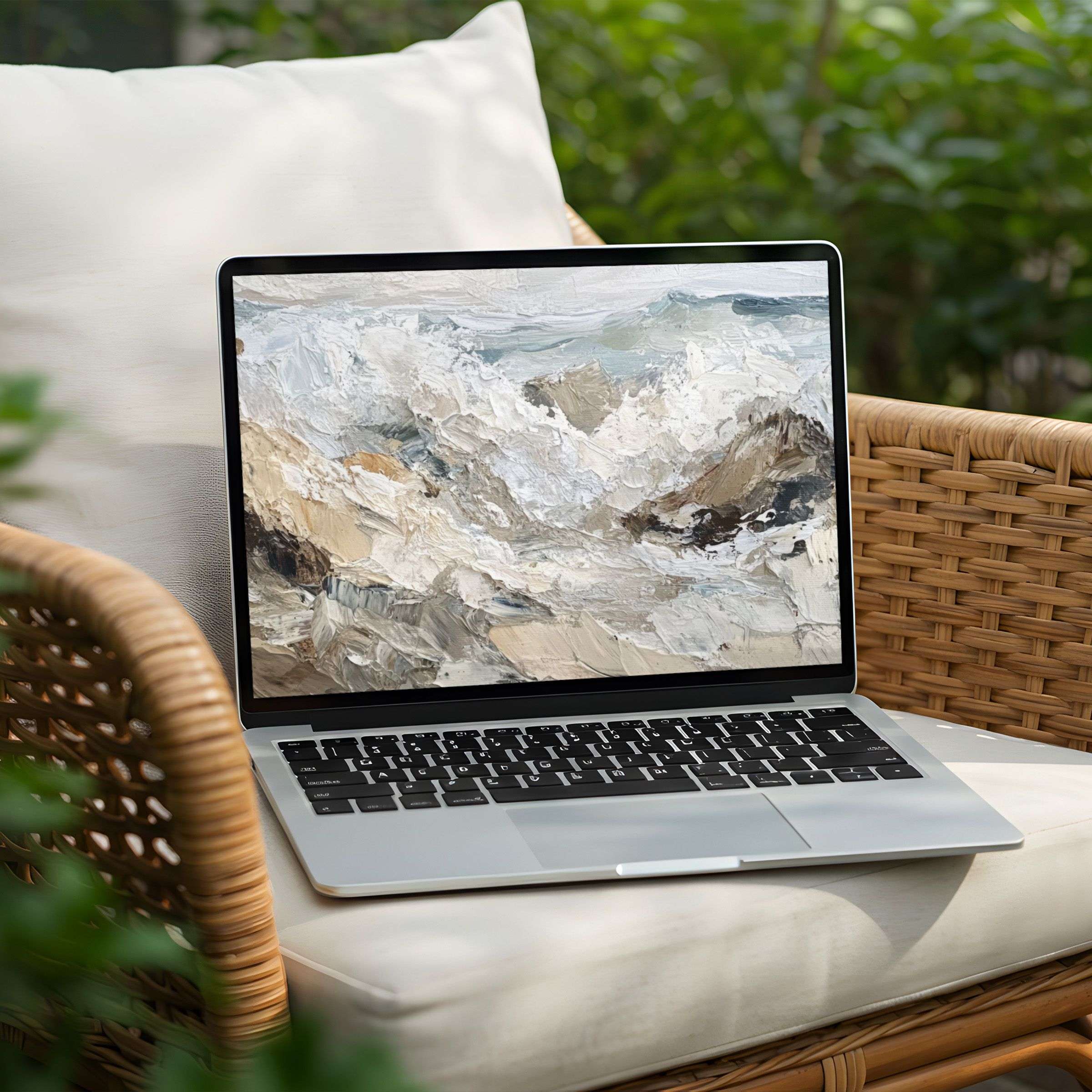 Elegant desktop background of serene ocean waves, oil-textured art for instant download, perfect for PC or Laptop inspiration