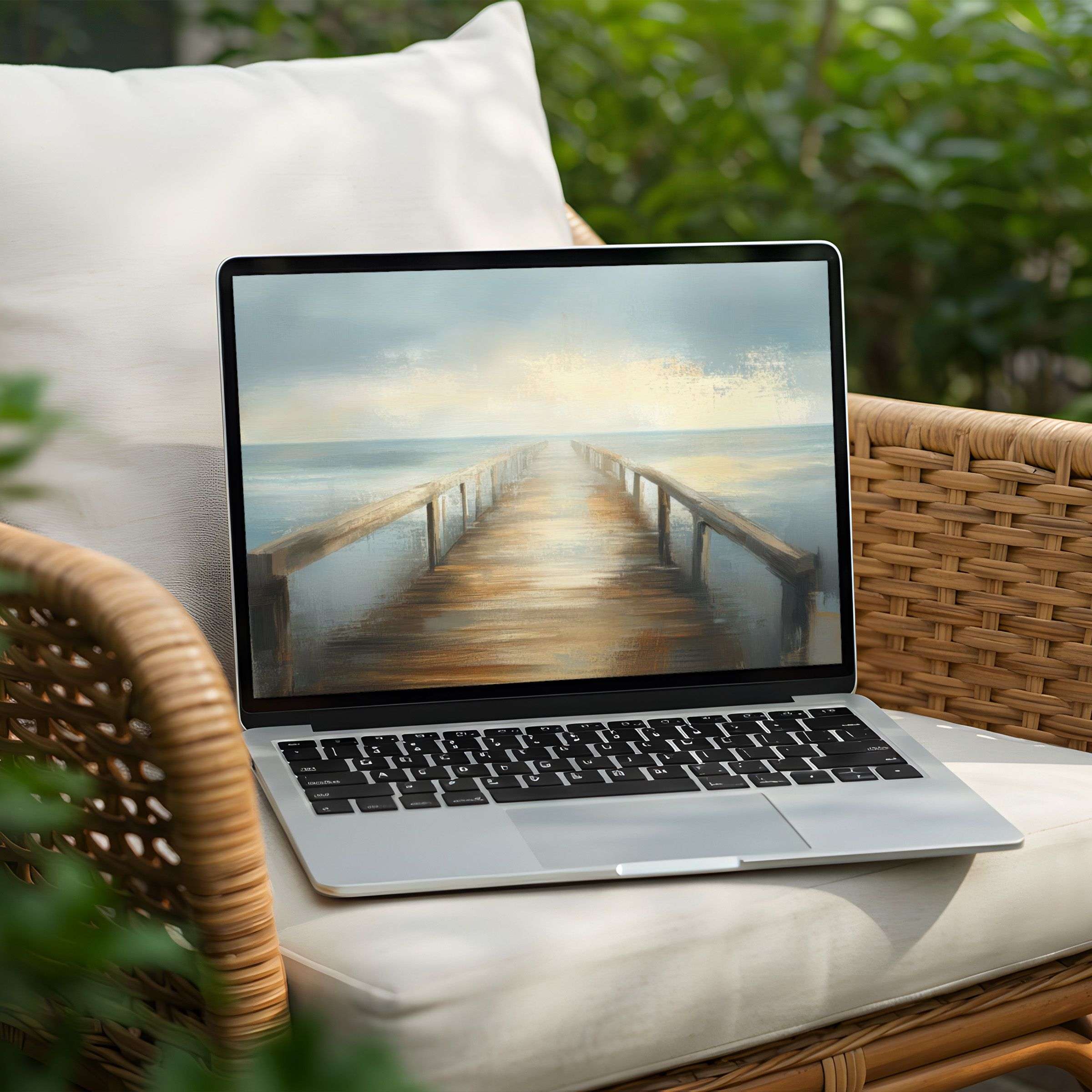 Serene coastal pier desktop background for PC and Laptop instant download evokes calm and elegance enhancing mindful inspiration