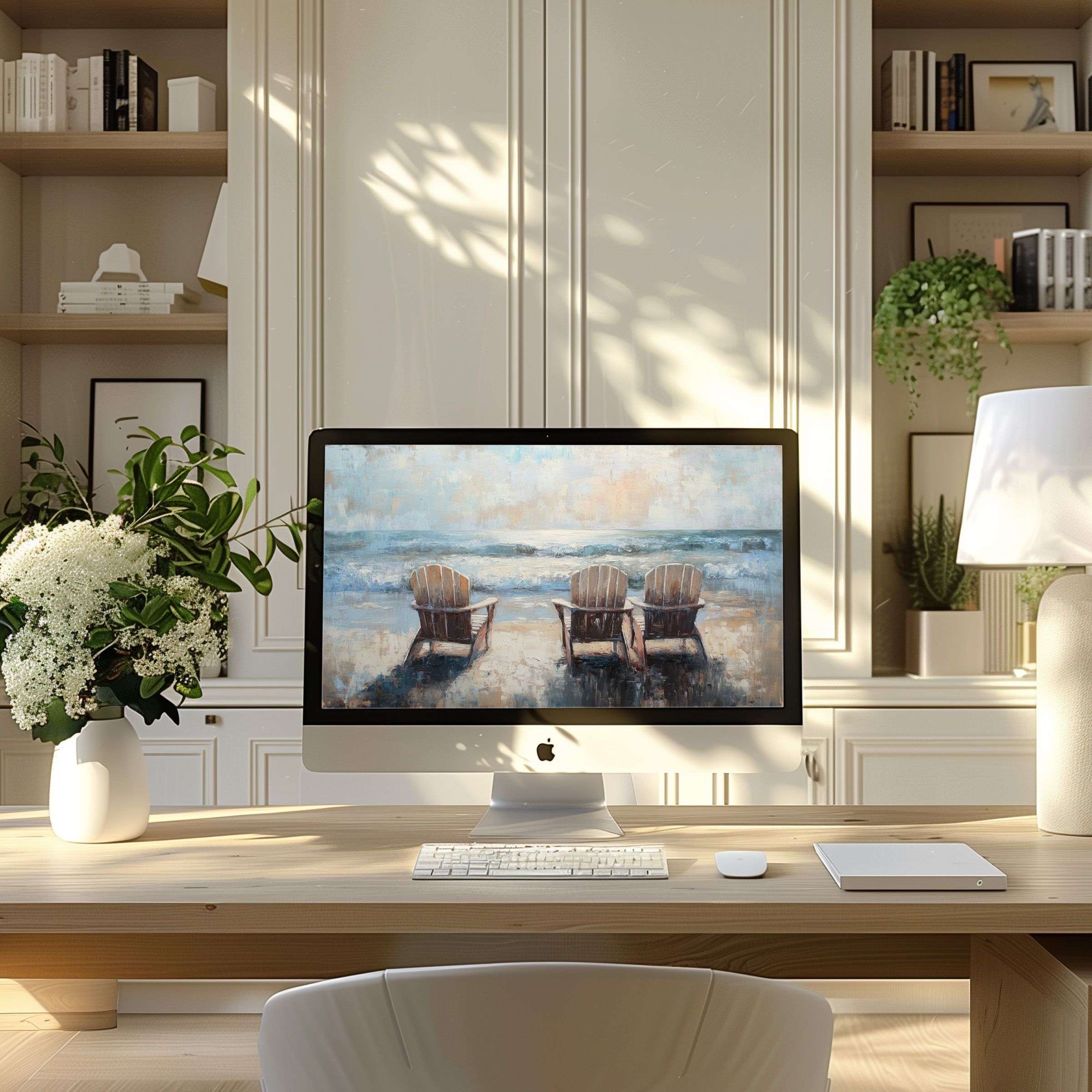 Elegant beach scene wallpaper for computer inspires calm in modern home office; perfect for PC, laptop, ultrawide download