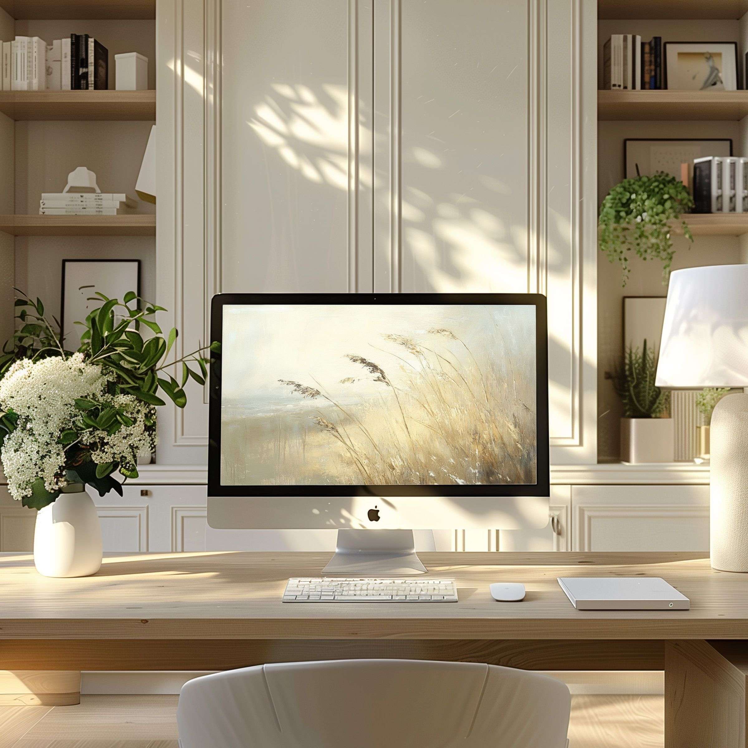 Elegant grass-themed wallpaper for computer offers calm inspiration for your PC or Laptop in a modern, serene home office space