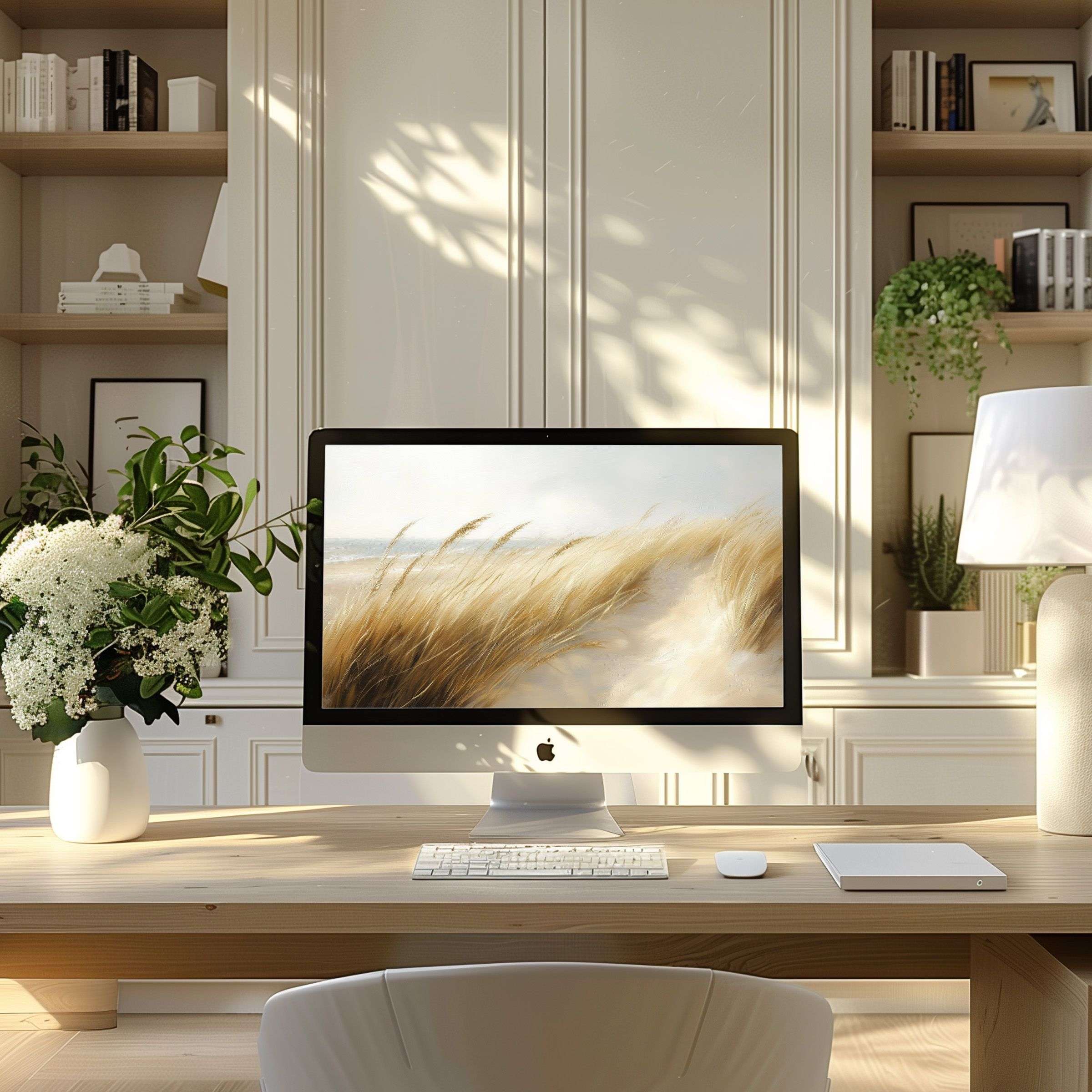 Elegant wheat field wallpaper for computer inspires calm in a modern home office setting, perfect for PC or laptop download