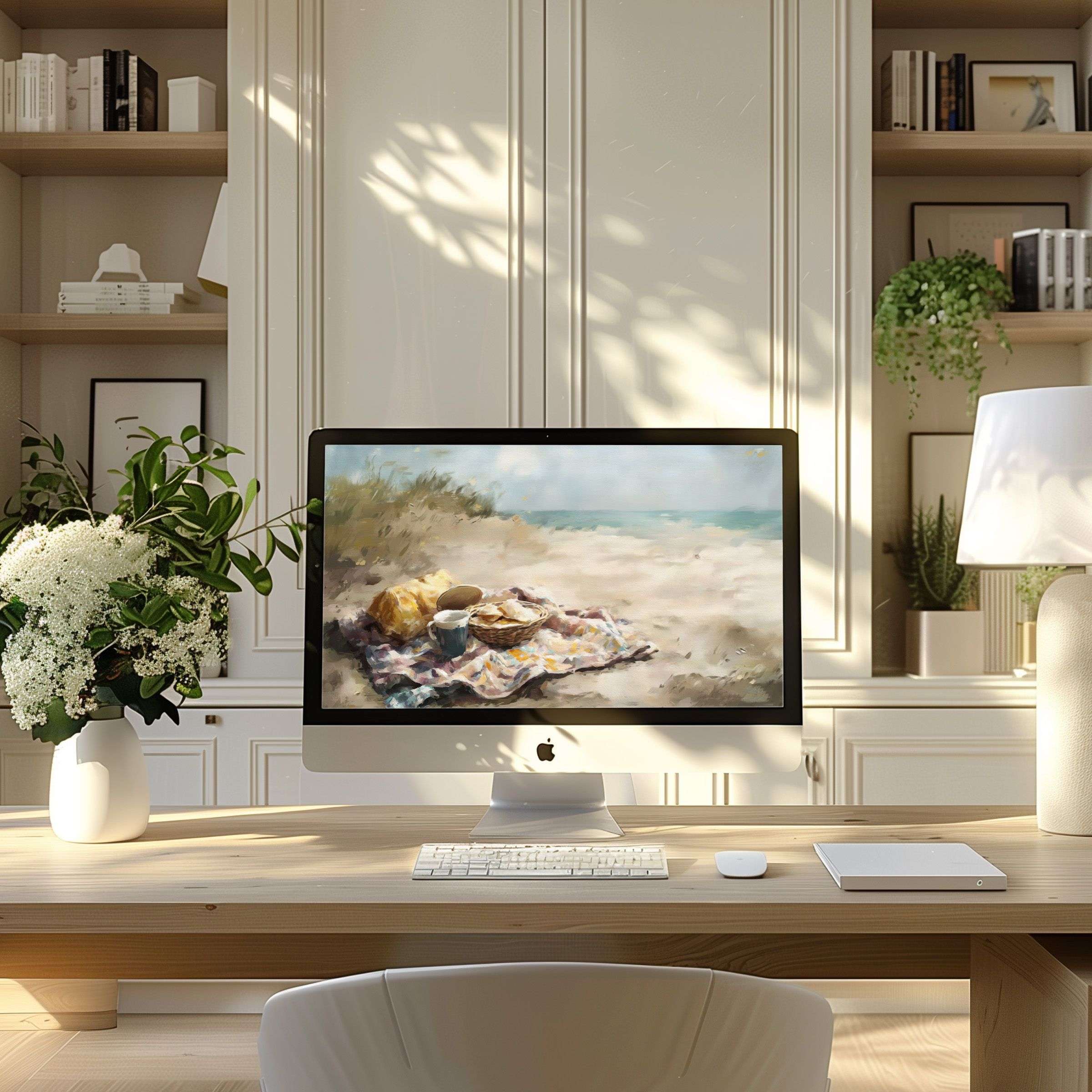Elegant beach scene wallpaper for computer enhancing modern PC, laptop setups in serene home office with calm, sustainable design